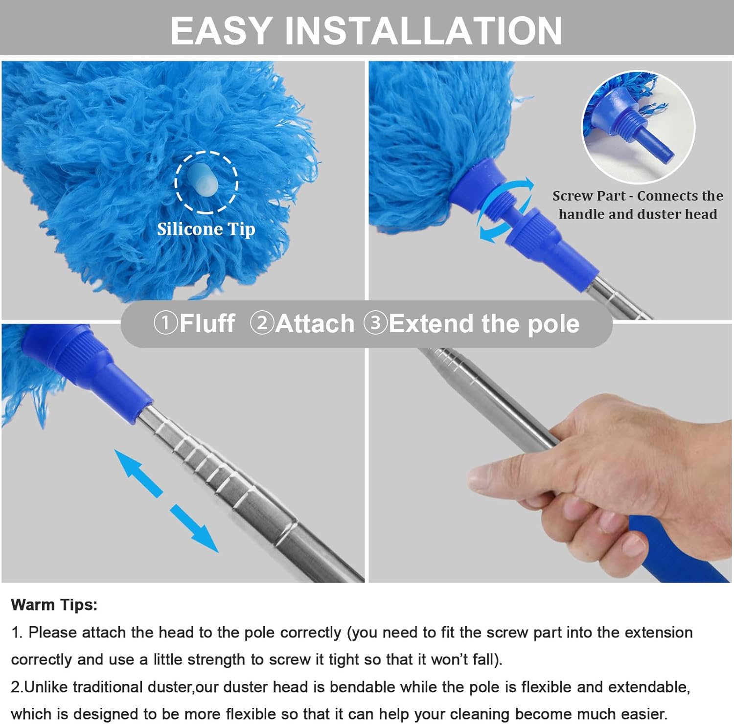 DELUX Microfiber Feather Duster Extendable Duster with 100 inches Extra Long Pole, Bendable Head & Long Handle Dusters for Cleaning Ceiling Fan, High Ceiling, Blinds, Furniture & Cars Gray