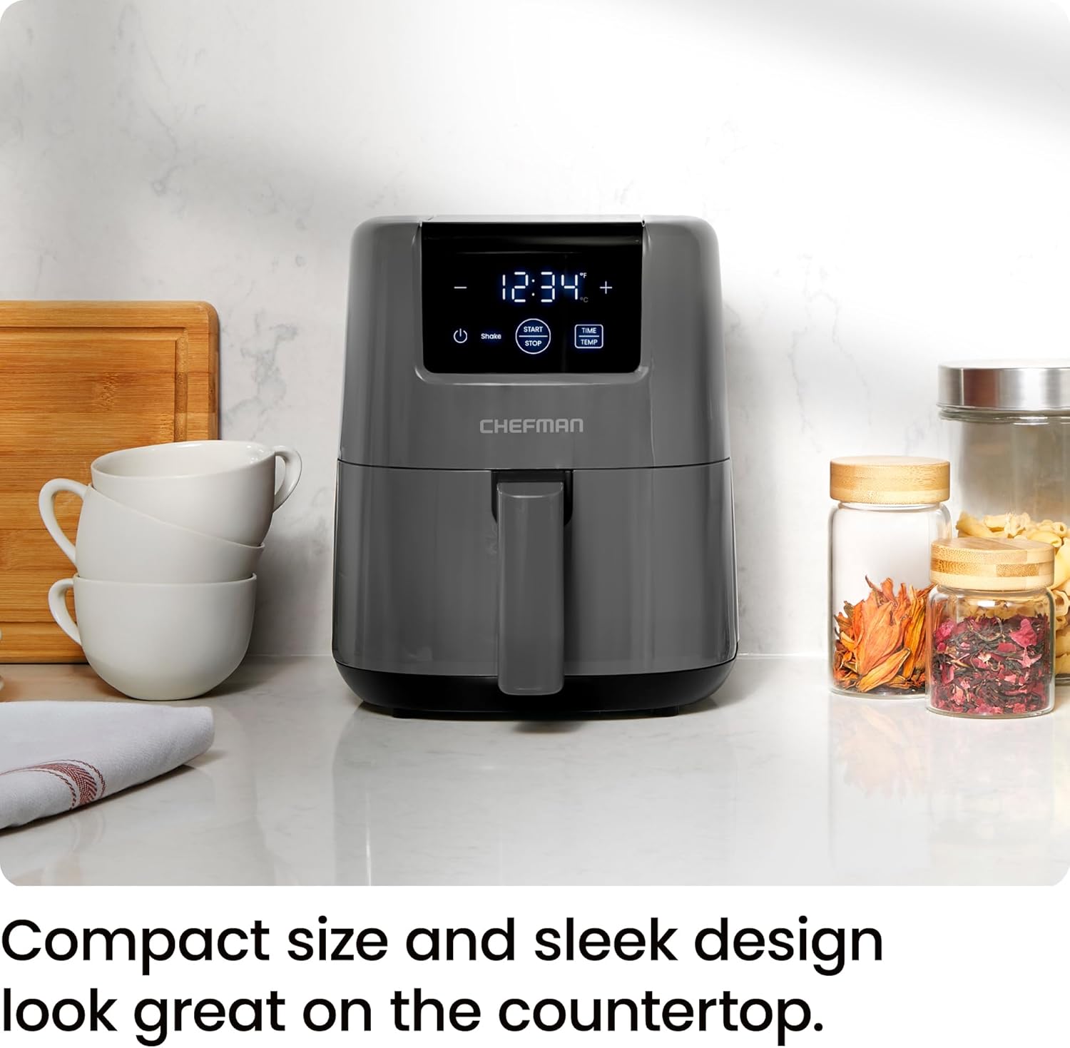 CHEFMAN 2 Qt Mini Air Fryer – Digital Space-Saving Compact Air Fryer with Nonstick and Dishwasher Safe Basket, Quick & Easy Meals in Minutes, Features Digital Timer and Shake Reminder – Grey