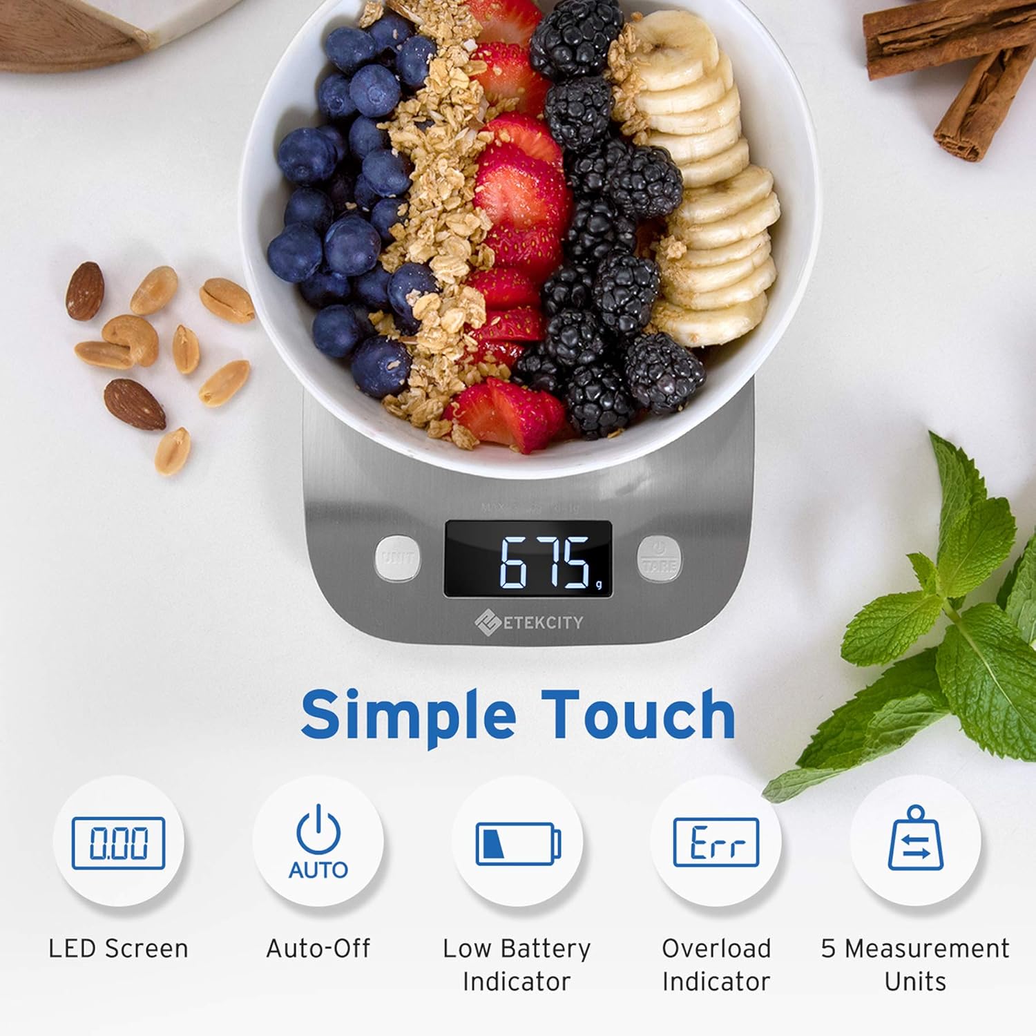 Etekcity Food Kitchen Scale, Digital Grams and Ounces for Weight Loss, Baking, Cooking, Keto and Meal Prep, LCD Display, Medium, 304 Stainless Steel