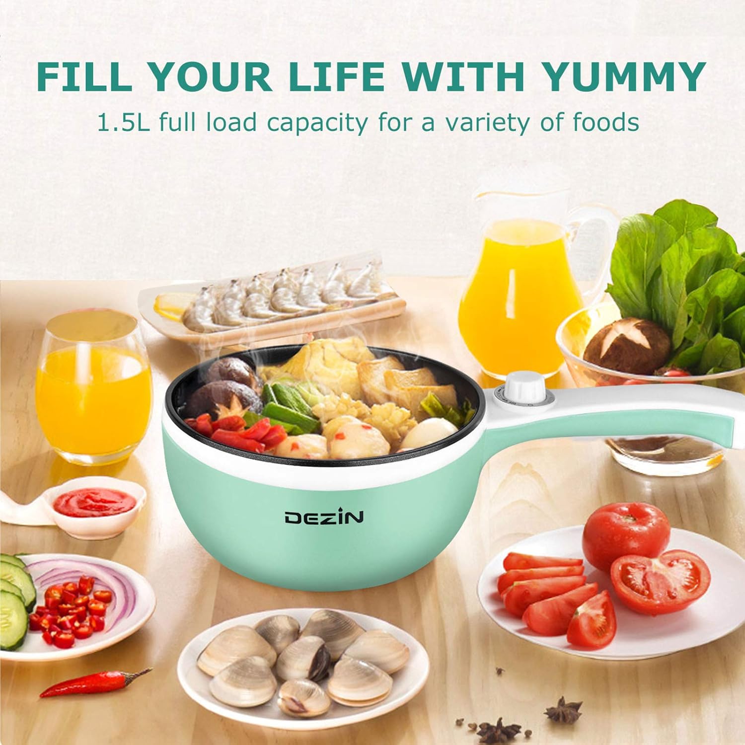 Dezin Hot Pot Electric Upgraded, Non-Stick Sauté Pan, Rapid Noodles Electric Pot, 1.5L Mini Portable Hot Pot for Steak, Egg, Fried Rice, Ramen, Oatmeal, Soup with Power Adjustment(Egg Rack Included)