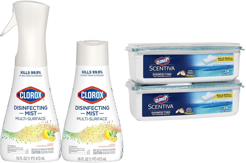 Clorox Disinfecting Mist, Lemon and Orange Blossom, Household Essentials, 1 Spray Bottle and 1 Refill, 16 Fl Oz Each