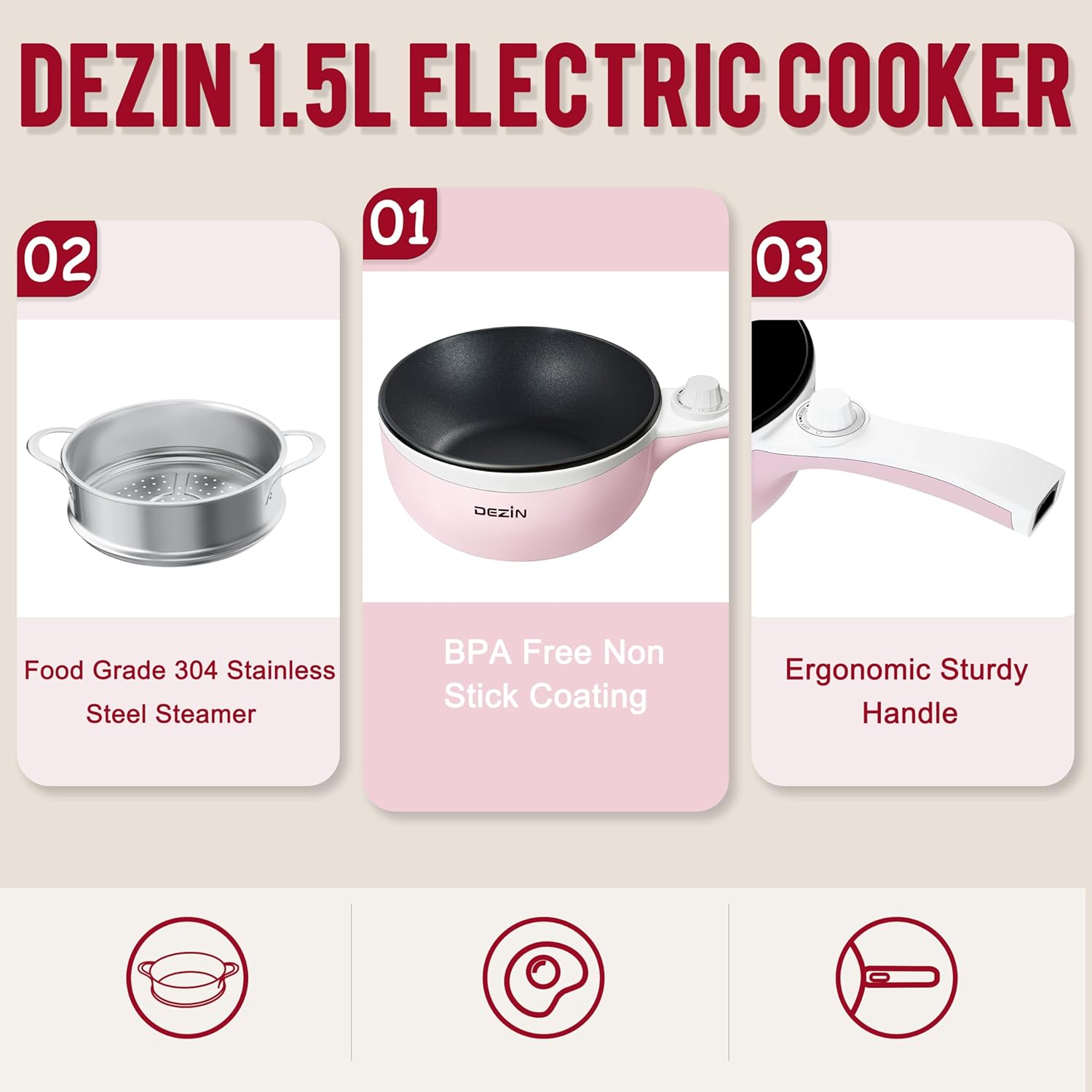 Dezin Hot Pot Electric Upgraded, Non-Stick Sauté Pan, Rapid Noodles Electric Pot, 1.5L Mini Portable Hot Pot for Steak, Egg, Fried Rice, Ramen, Oatmeal, Soup with Power Adjustment(Egg Rack Included)