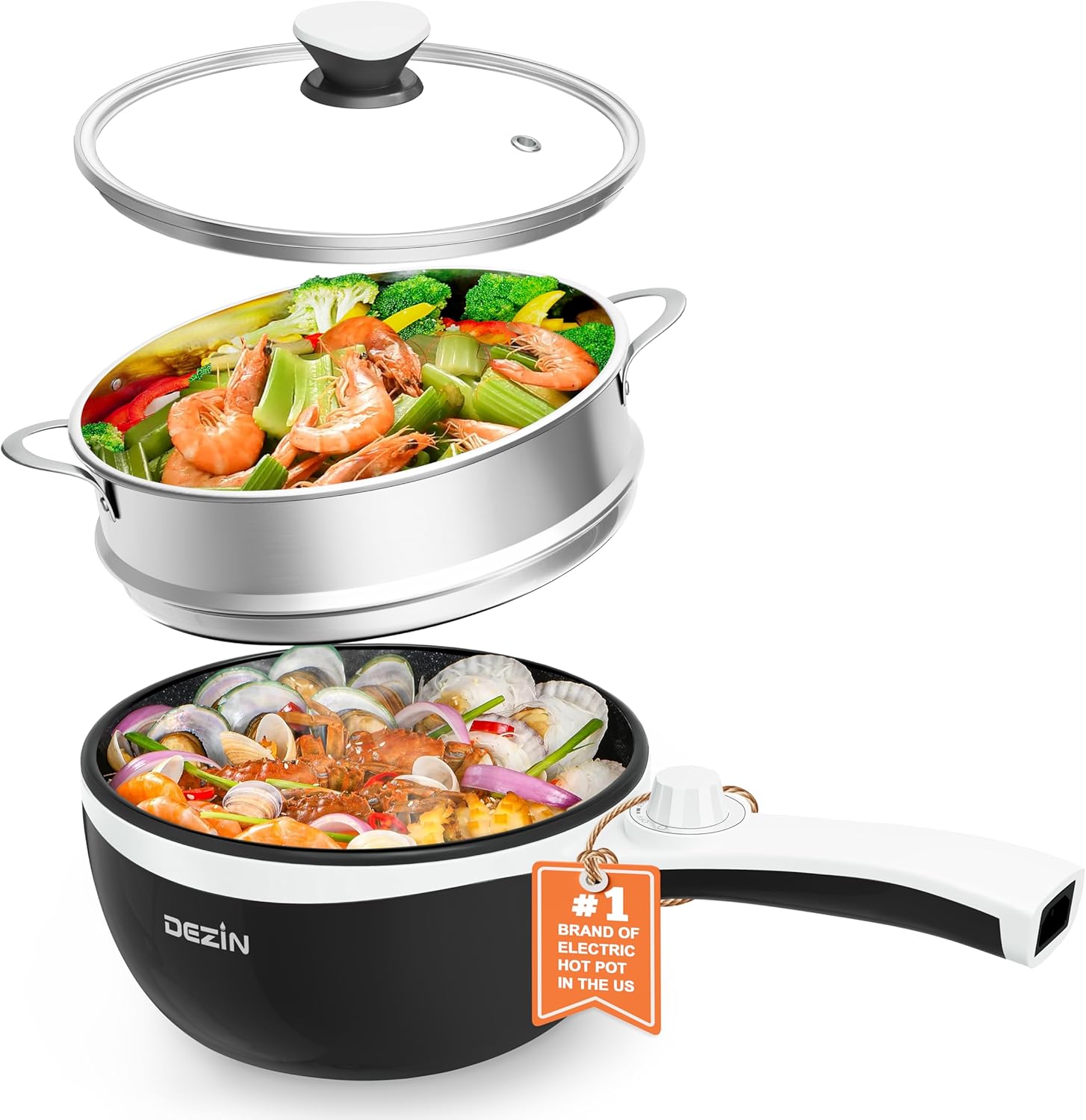 Dezin Hot Pot Electric Upgraded, Non-Stick Sauté Pan, Rapid Noodles Electric Pot, 1.5L Mini Portable Hot Pot for Steak, Egg, Fried Rice, Ramen, Oatmeal, Soup with Power Adjustment(Egg Rack Included)