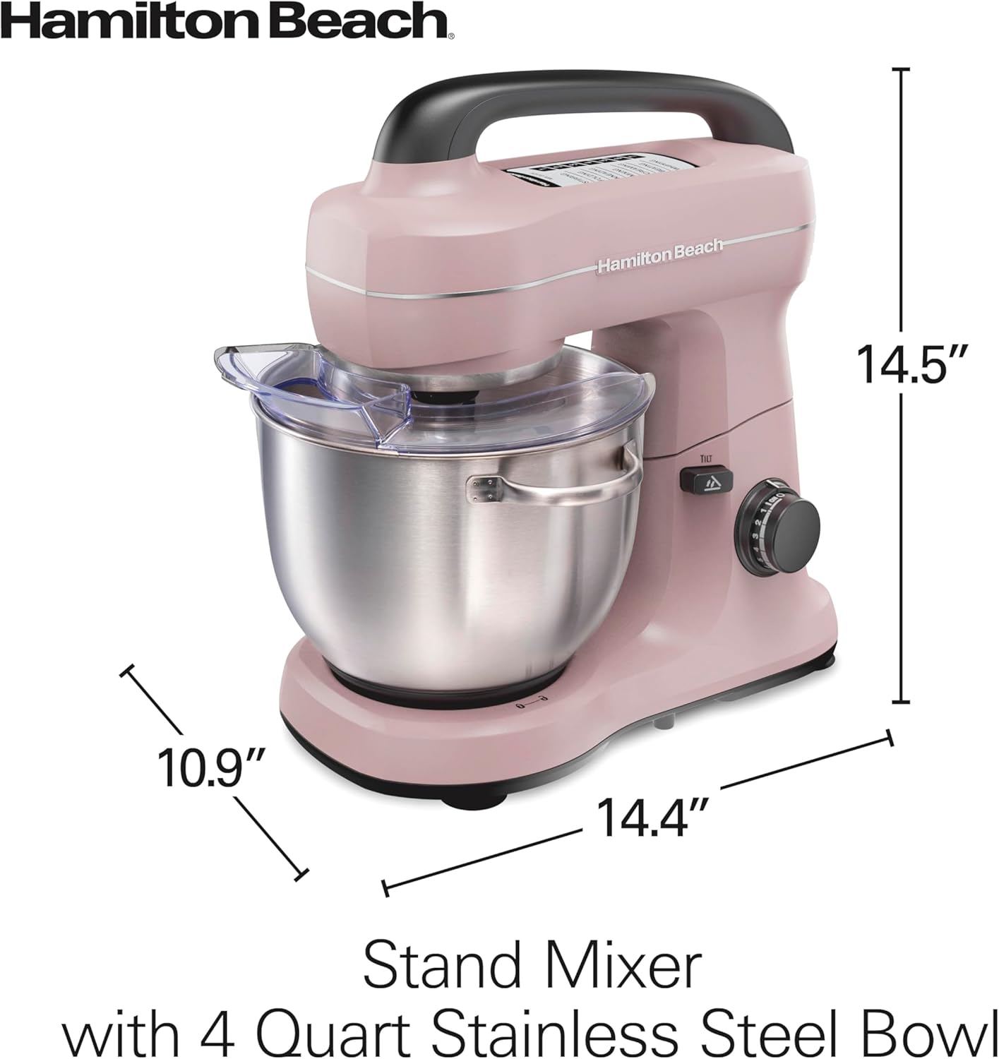 Hamilton Beach Electric Stand Mixer, 4 Quarts, Dough Hook, Flat Beater Attachments, Splash Guard 7 Speeds with Whisk, Black with Top Handle
