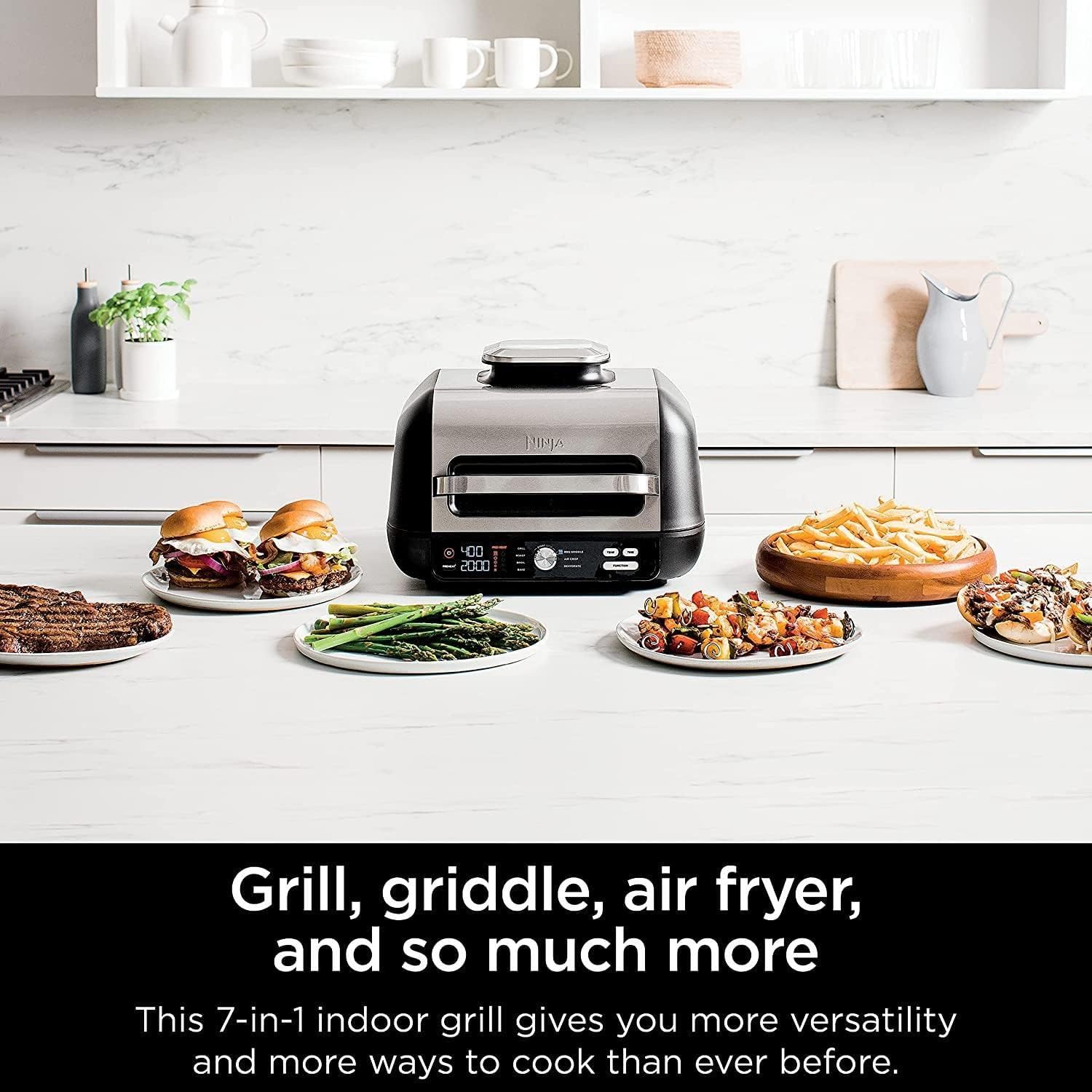 Ninja FG551 Foodi Smart XL 6-in-1 Indoor Grill with Air Fry, Roast, Bake, Broil & Dehydrate, Smart Thermometer, Black/Silver