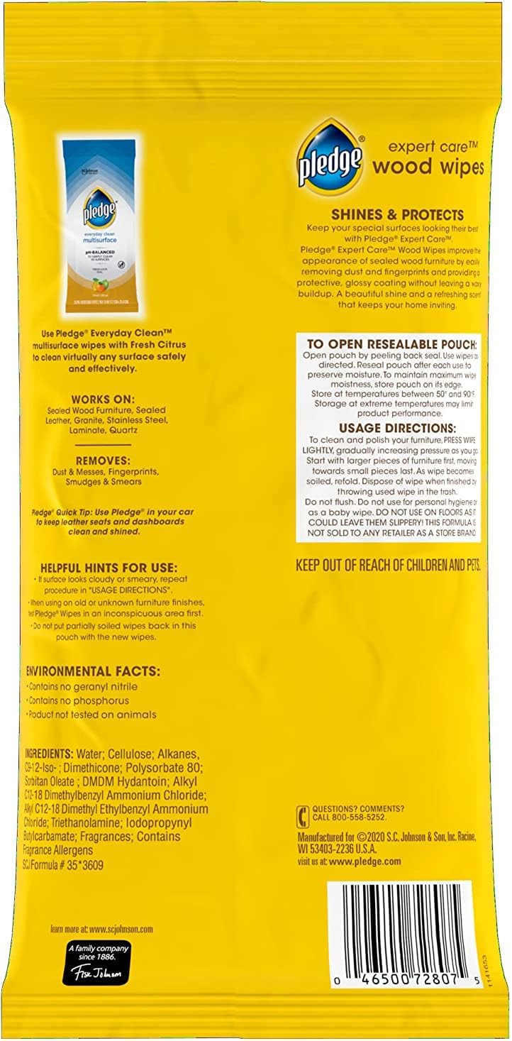 Pledge Expert Care Wood Wipes, Shines and Protects, Removes Fingerprints, Lemon Scent, 24 Count (Pack of 1)
