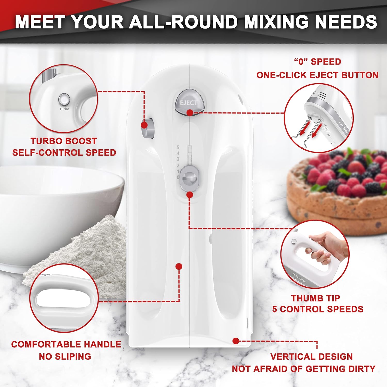 Lord Eagle Hand Mixer Electric, 400W Power handheld Mixer for Baking Cake Egg Cream Food Beater, Turbo Boost/Self-Control Speed + 5 Speed + Eject Button + 5 Stainless Steel Accessories (White)