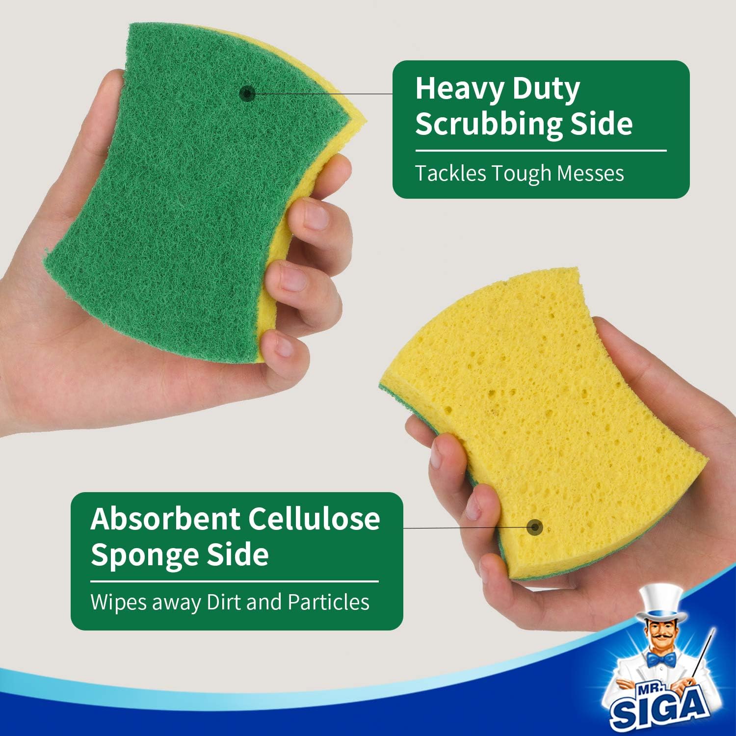 MR.SIGA Non-Scratch Cellulose Scrub Sponge, Dual-Sided Dishwashing Sponge for Kitchen, 12 Pack