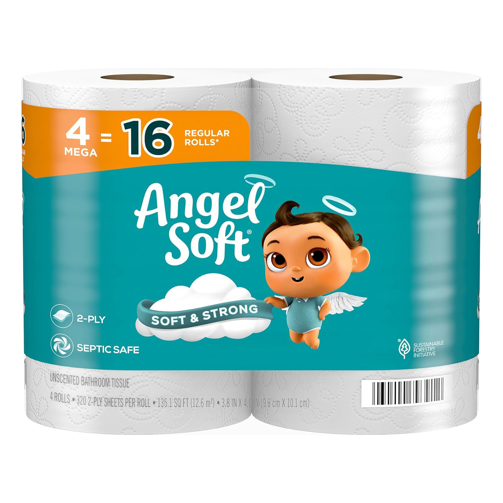 Angel Soft Toilet Paper, 16 Mega Rolls = 64 Regular Rolls, Soft and Strong Toilet Tissue