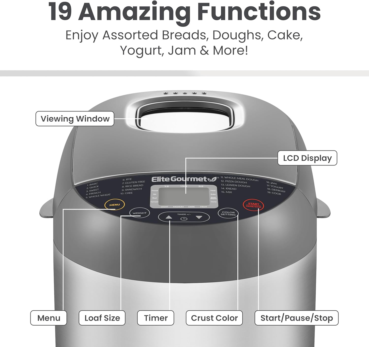 Elite Gourmet EBM8103B Programmable Bread Maker Machine 3 Loaf Sizes, 19 Menu Functions Gluten Free White Wheat Rye French and more, 2 Lbs, Black
