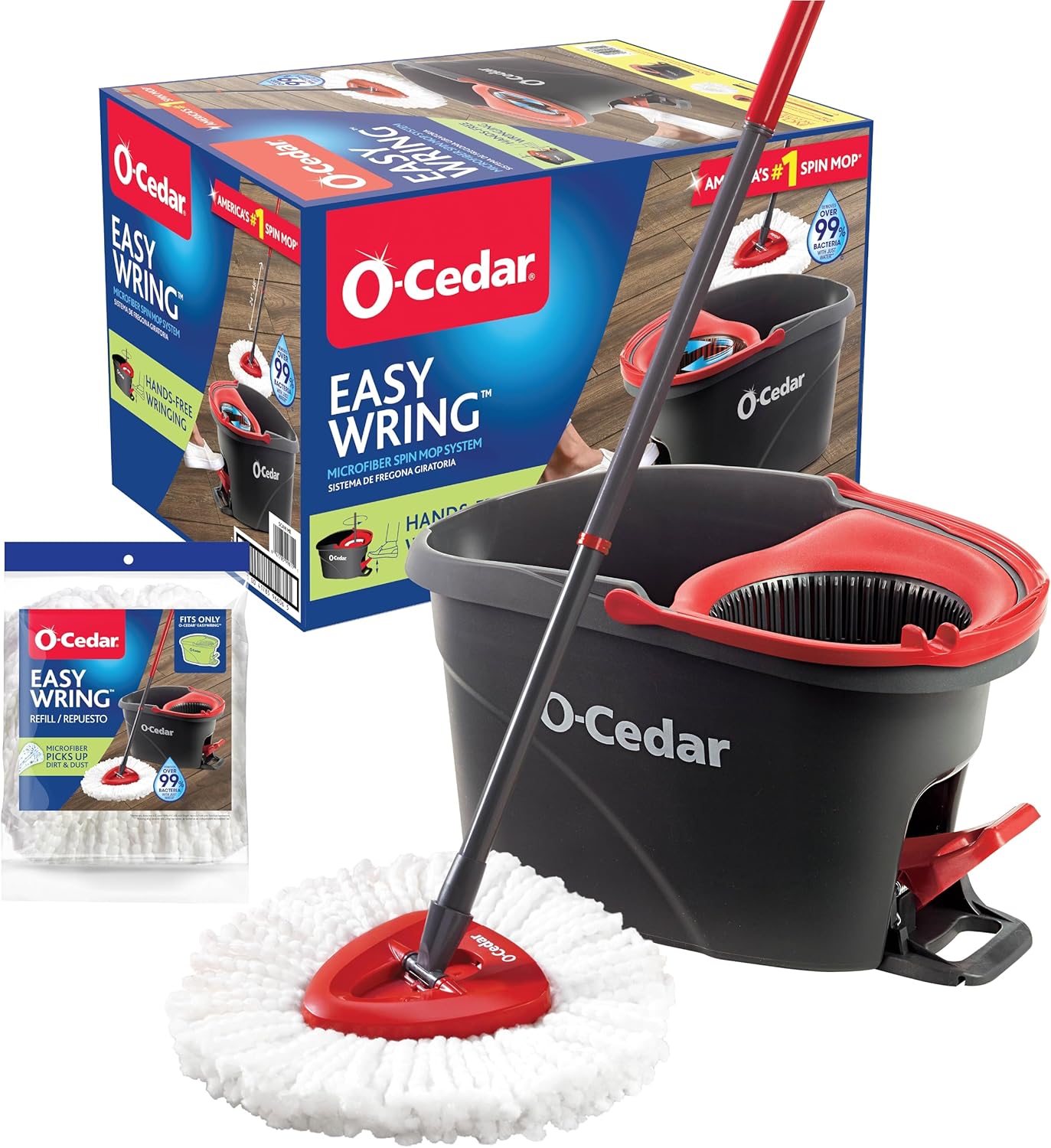 O-Cedar EasyWring Microfiber Spin Mop, Bucket Floor Cleaning System, Red, Gray, Standard