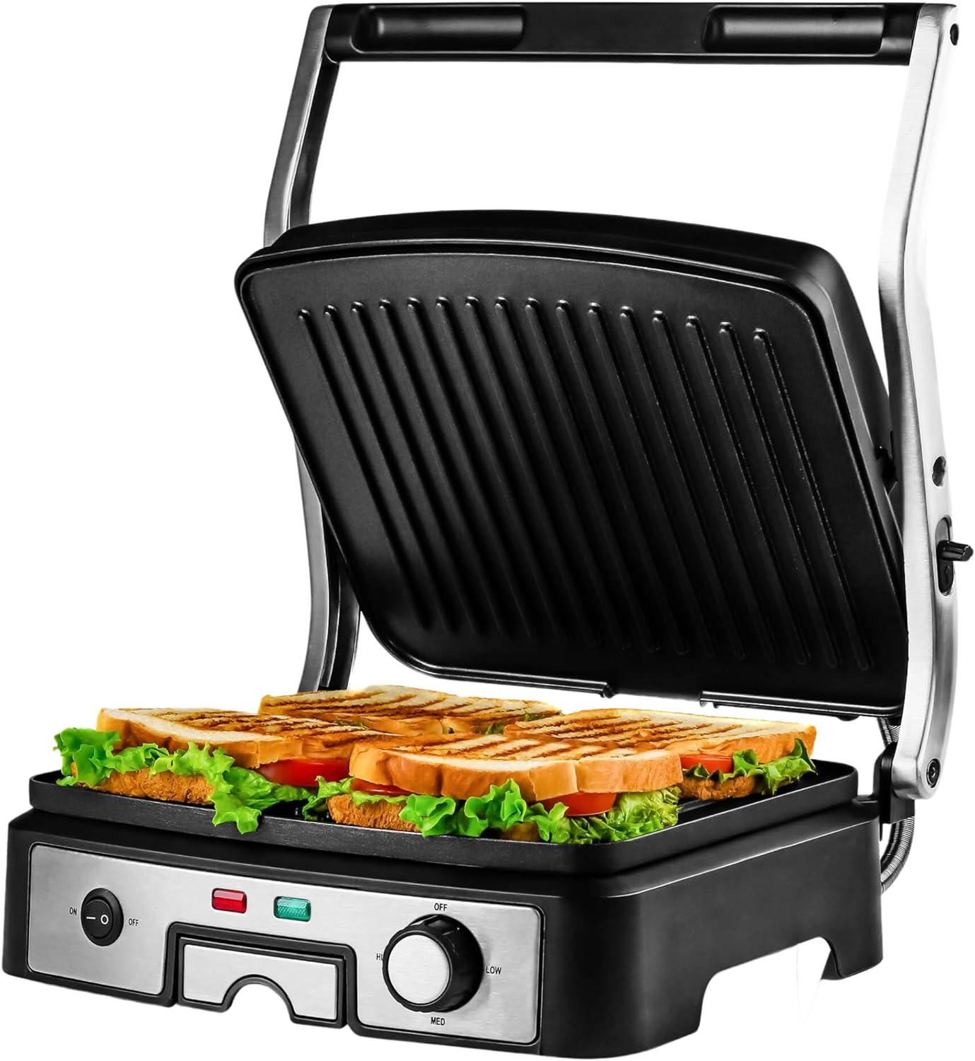 OVENTE Electric Sandwich Maker with Non-Stick Plates, Indicator Lights, Cool Touch Handle, Easy to Clean and Store, Perfect for Cooking Breakfast, Grilled Cheese, Tuna Melts and Snacks, Black GPS401B