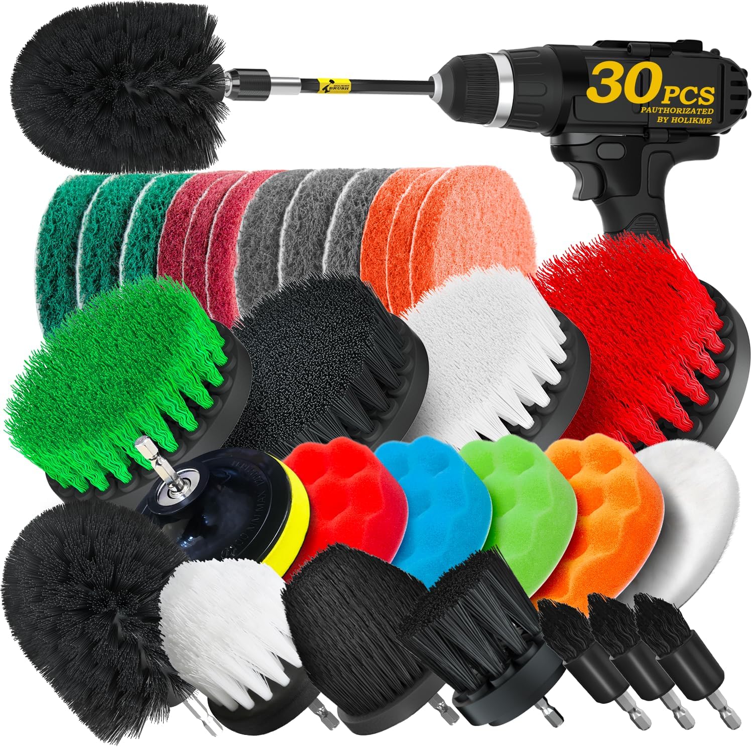 Holikme 30Pack Drill Brush Attachments Set,Scrub Pads & Sponge, Power Scrubber Brush with Extend Long Attachment All Purpose Clean for Grout, Tiles, Sinks, Car Polishing Pads