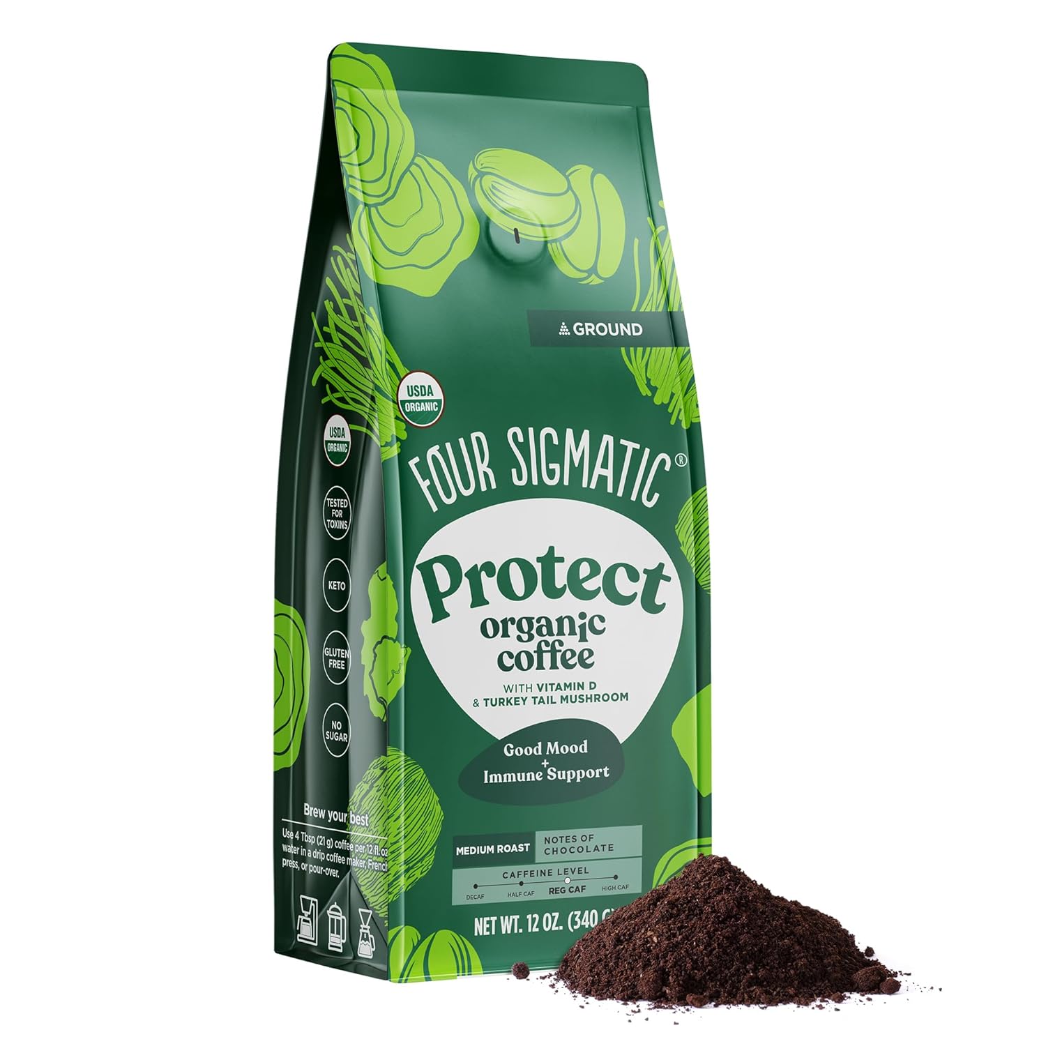 Four Sigmatic Think Mushroom Coffee | Organic Ground Coffee with Lion's Mane Mushroom and Chaga Mushroom | Nootropic Mushroom Coffee for Better Focus and Immune Support | 12oz Bag