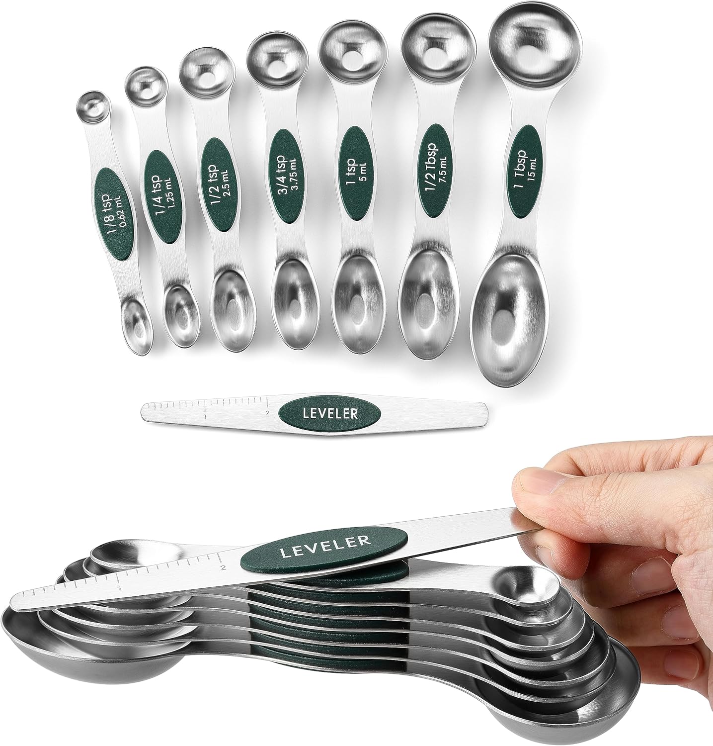 Spring Chef Magnetic Measuring Spoons Set with Strong N45 Magnets, Heavy Duty Stainless Steel Metal, Fits in Most Kitchen Spice Jars for Baking & Cooking, BPA Free, Black, Set of 8 with Leveler