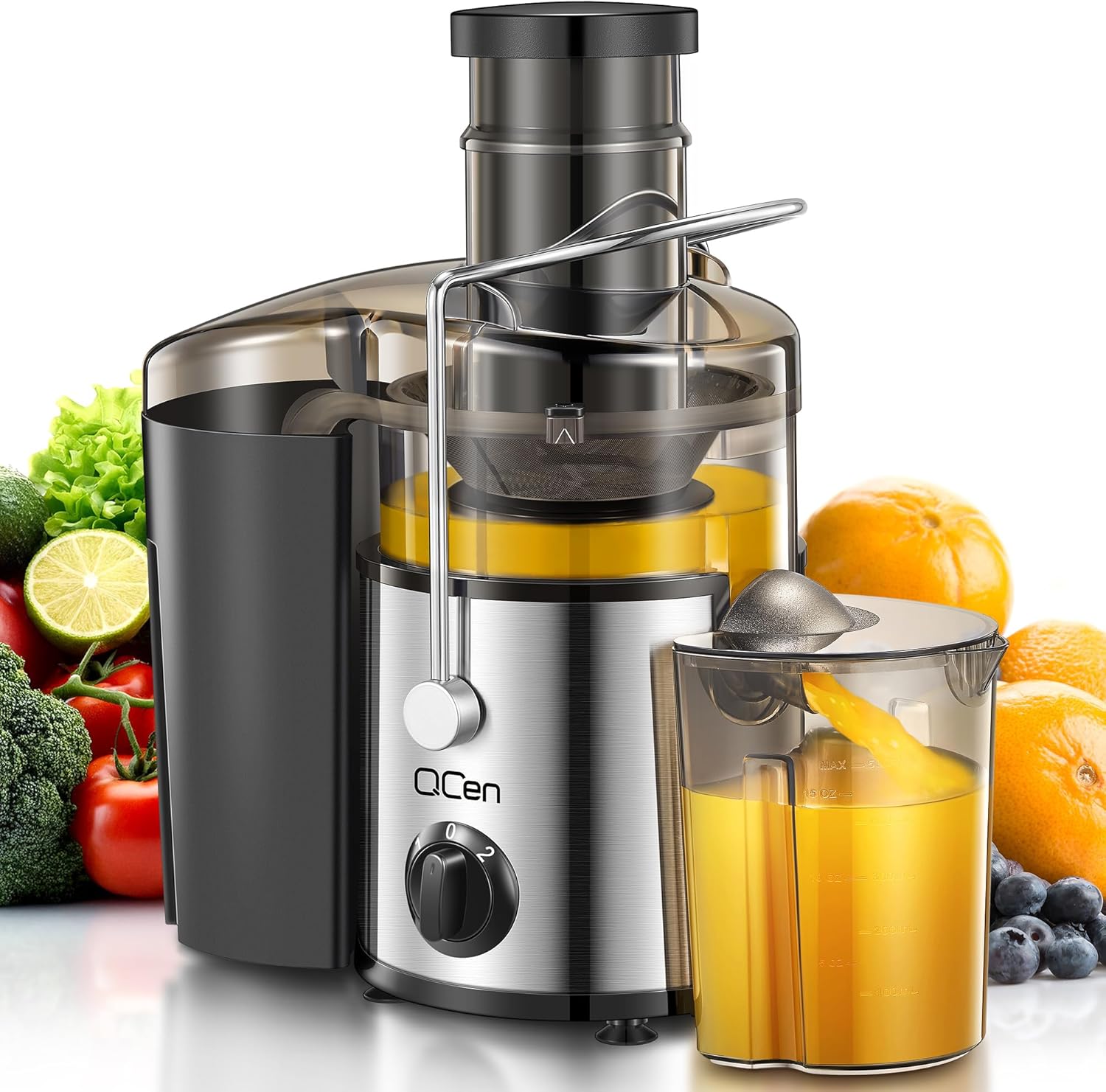 Qcen Juicer Machine, 800W Centrifugal Juicer Extractor with Wide Mouth 3” Feed Chute for Fruit Vegetable, Easy to Clean, Stainless Steel, BPA-free (Black)