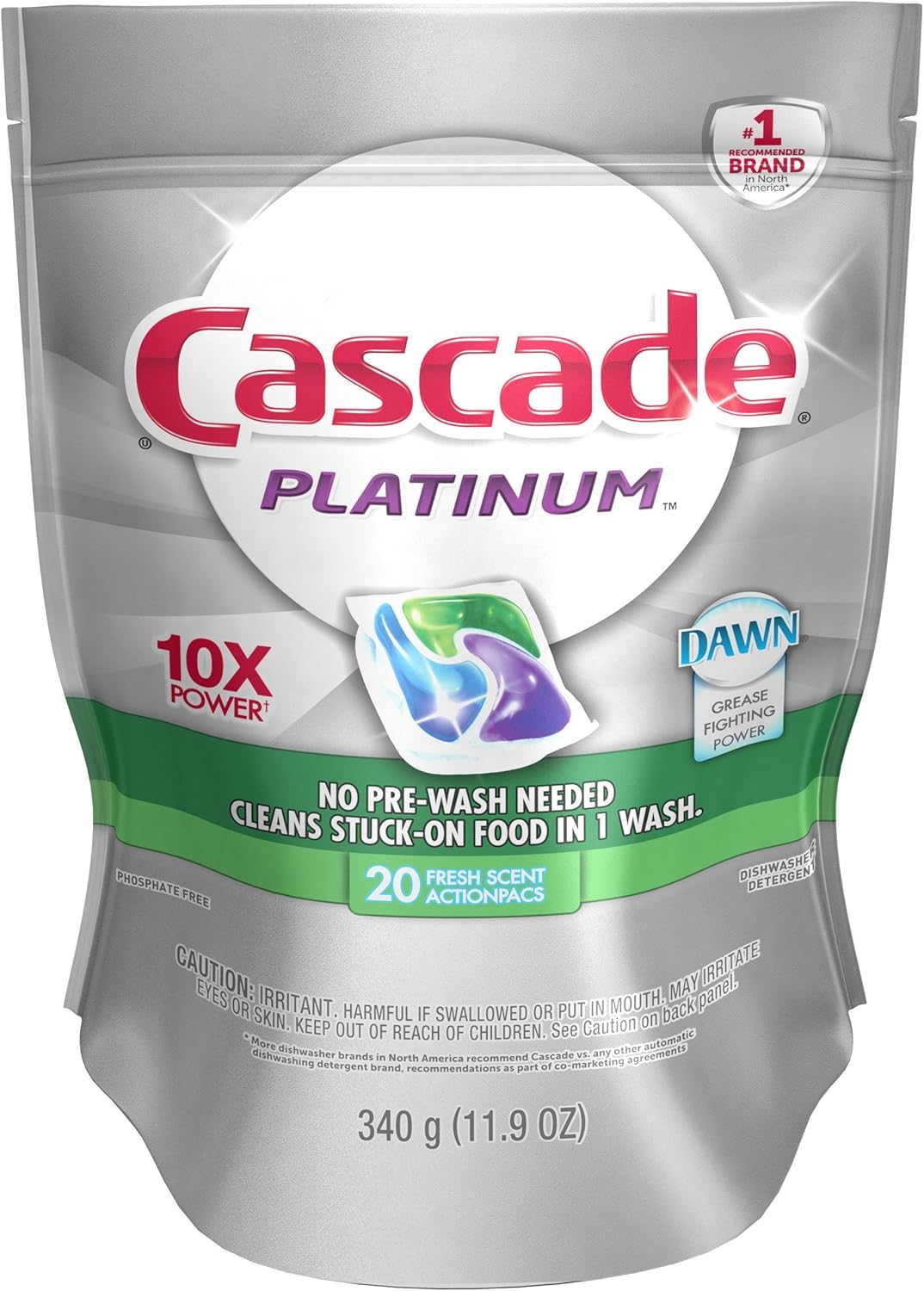 Cascade Platinum Dishwasher Pods, Detergent, Soap Pods, Actionpacs with Dishwasher Cleaner and Deodorizer Action, Fresh, 62 Count