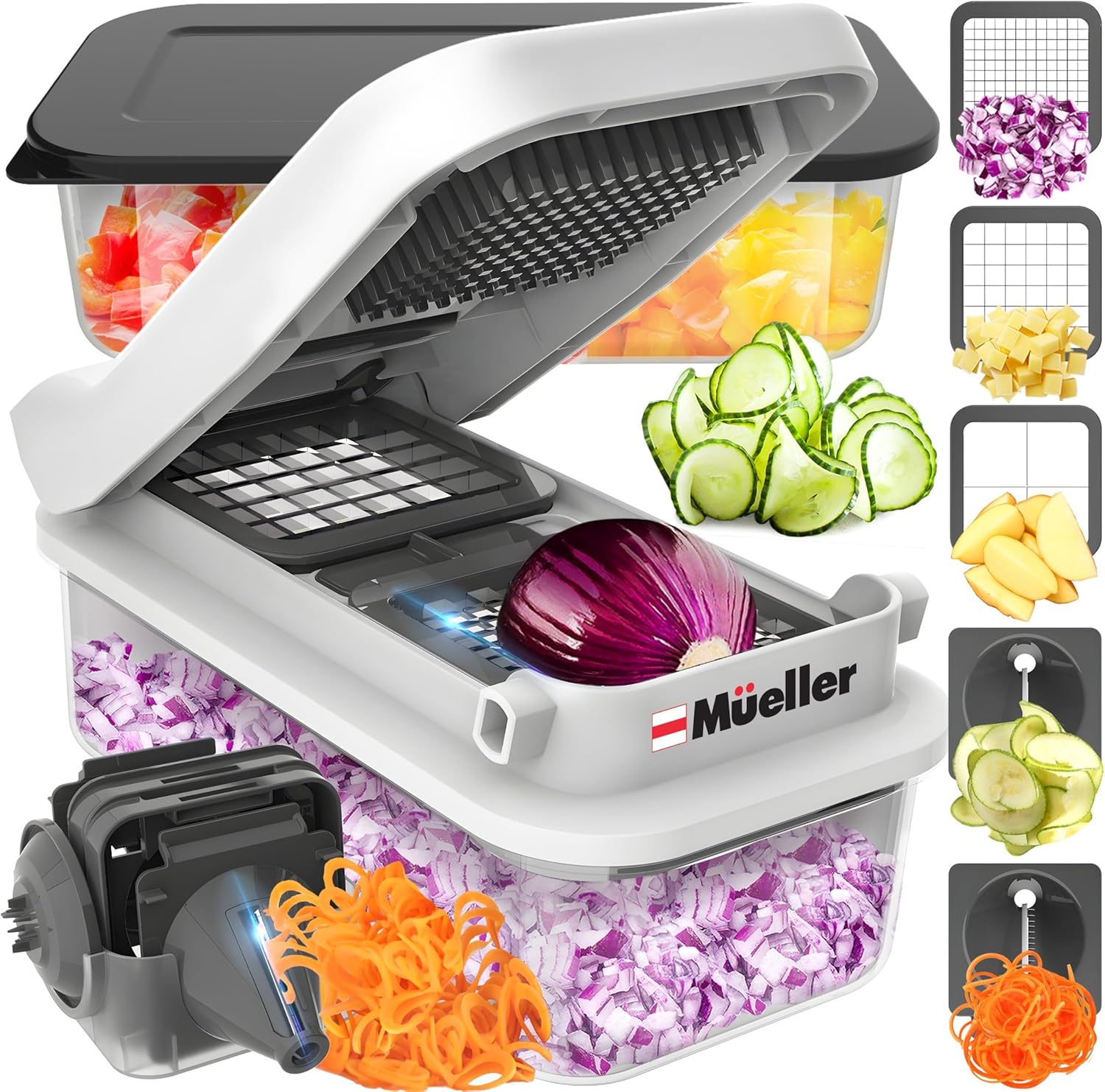 Mueller Pro-Series 10-in-1, 8 Blade Vegetable Chopper, Onion Mincer, Cutter, Dicer, Egg Slicer with Container, French Fry Cutter, Potato Slicer, Home Essentials & Kitchen Gadgets, Salad Chopper