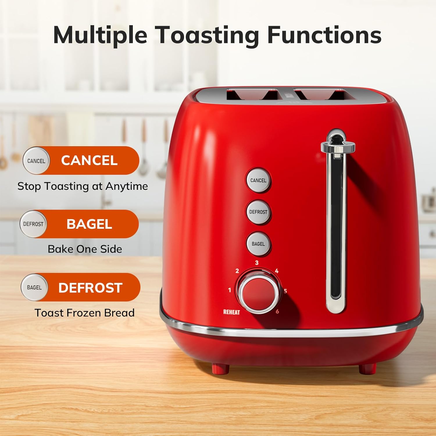 2 Slice Stainless Steel Toaster Retro with 6 Bread Shade Settings, Bagel, Cancel, Defrost Function, 2 Slice Toaster with Extra Wide Slot, Removable Crumb Tray, White