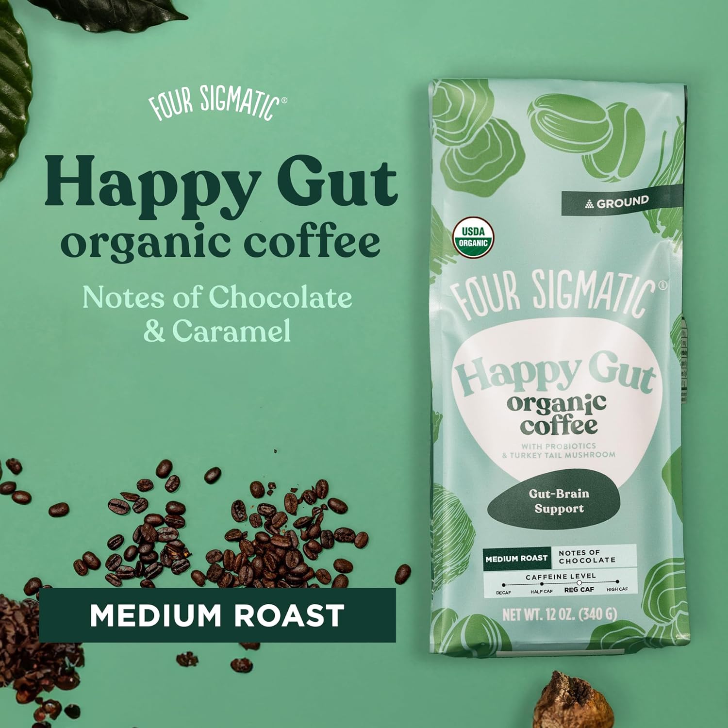 Four Sigmatic Think Mushroom Coffee | Organic Ground Coffee with Lion's Mane Mushroom and Chaga Mushroom | Nootropic Mushroom Coffee for Better Focus and Immune Support | 12oz Bag