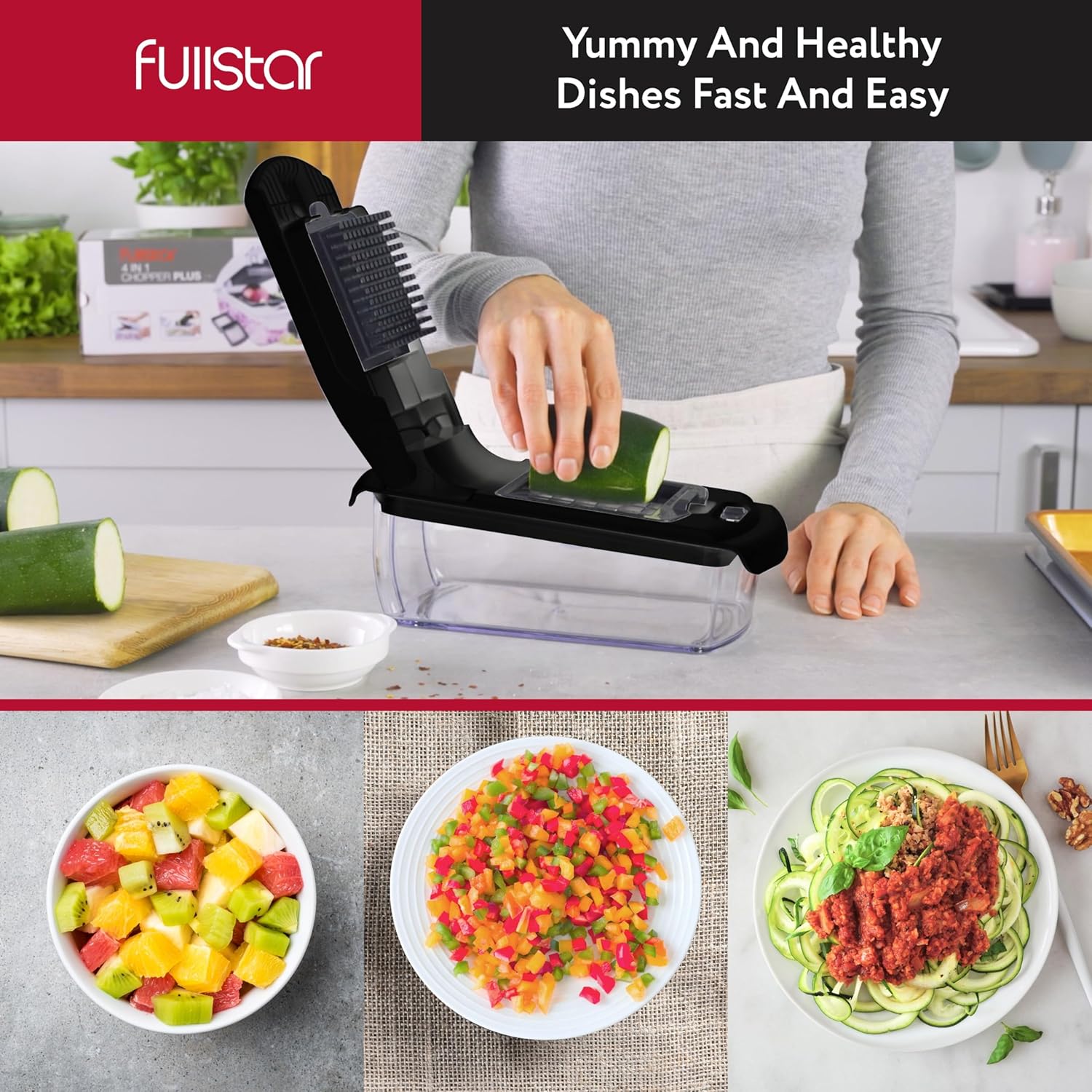 Fullstar Vegetable Chopper - Food Chopper - Onion Chopper - Vegetable Slicer & Spiralizer - Veggie Chopper with Container - Kitchen Gadgets - Home Essentials - Kitchen Accessories (4 in 1, White)