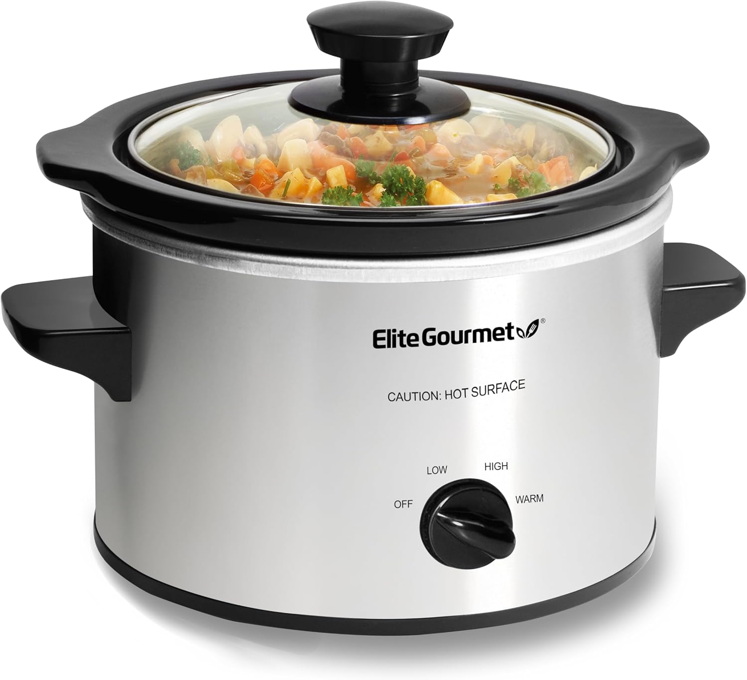 Elite Gourmet MST-250XS Electric Slow Cooker Ceramic Pot, Adjustable Temp, Entrees, Sauces, Stews & Dips, Dishwasher Safe Glass Lid & Crock, 1.5 Quart, Stainless Steel