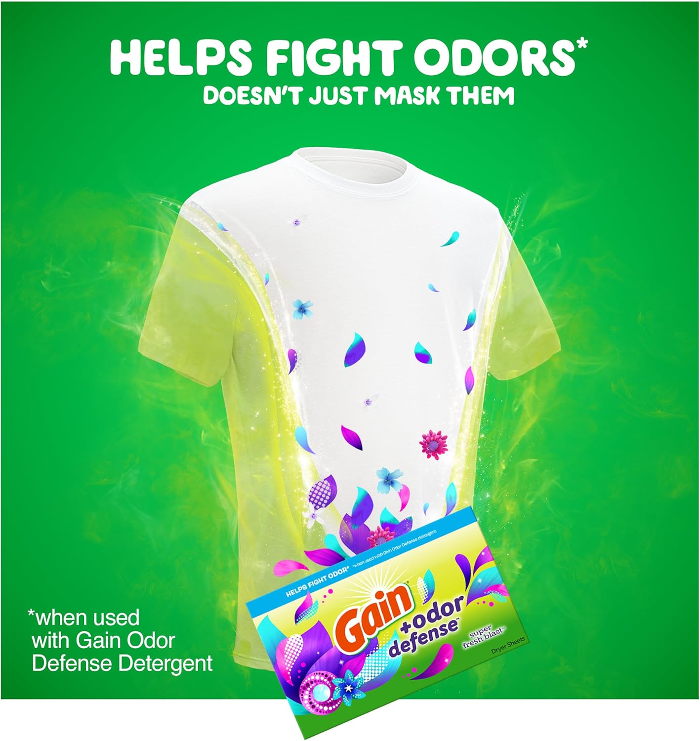 Gain + Odor Defense Dryer Sheets, Super Fresh Blast Scent Fabric Softener Sheets, 240 ct