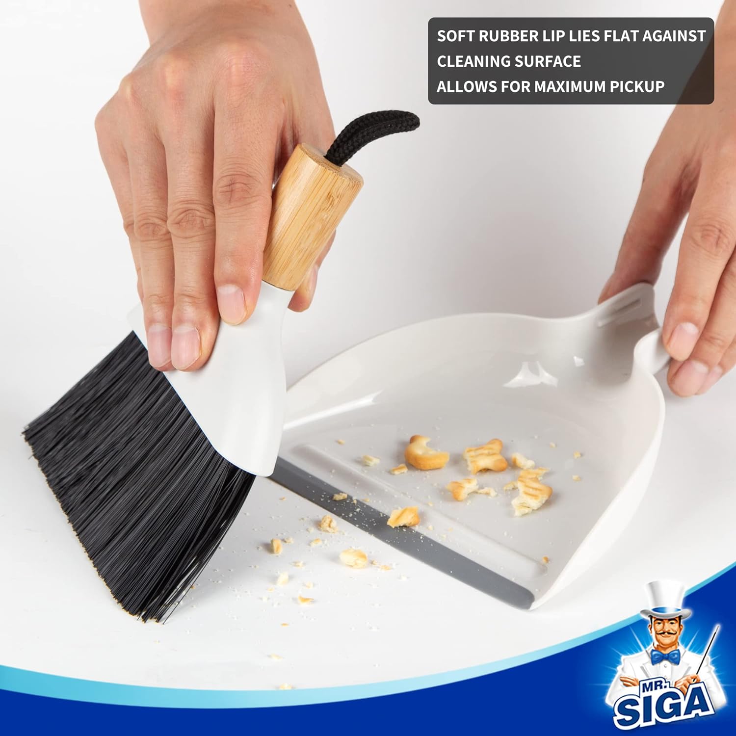 MR.SIGA Dustpan and Brush Set, Portable Cleaning Brush and Dustpan Combo with Bamboo Handle, 1 Set