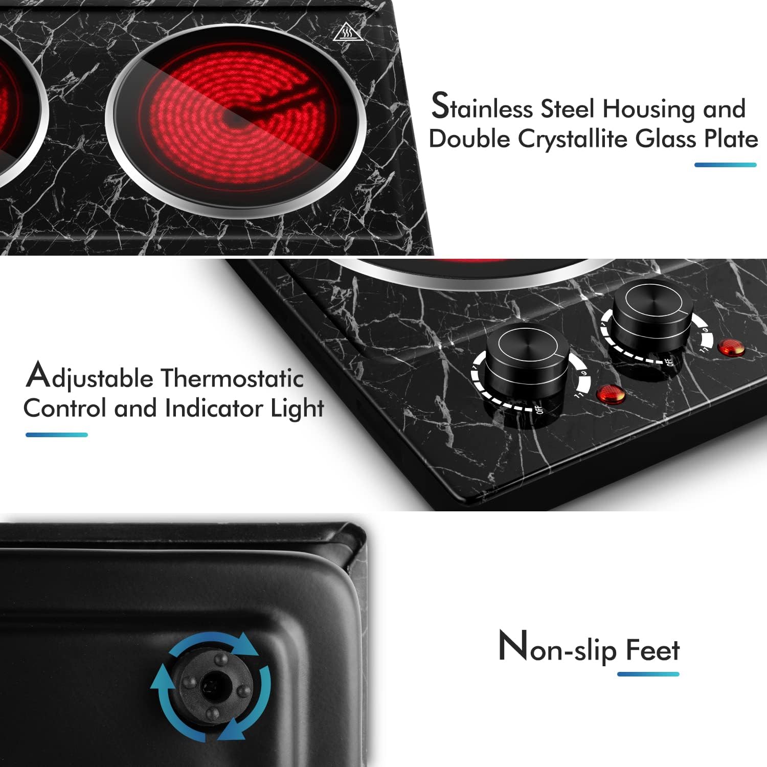 CUSIMAX 1800W Ceramic Electric Hot Plate for Cooking, Dual Control Infrared Cooktop, Double Burner, Portable Countertop Burner, Glass Plate Electric Cooktop, Silver, Stainless Steel-Upgraded Version