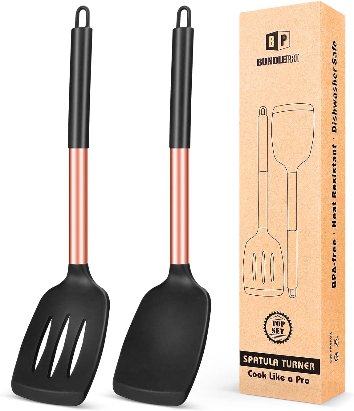 Pack of 2 Silicone Solid Turner,Non Stick Slotted Kitchen Spatulas,High Heat Resistant BPA Free Cooking Utensils,Ideal Cookware for Fish,Eggs,Pancakes (Black)