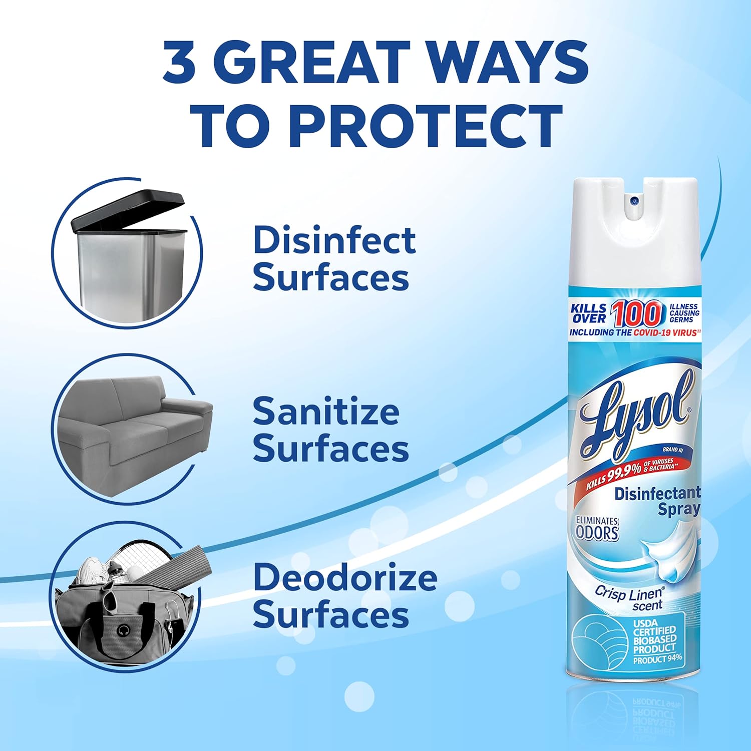 Lysol Disinfectant Spray, Household Essential Cleaning Supplies, Multi-Purpose Room Spray, Antibacterial Sanitizer Spray, Upholstery Deodorizer, Home and Bathroom, Crisp Linen,19 Fl Oz (Pack of 2)