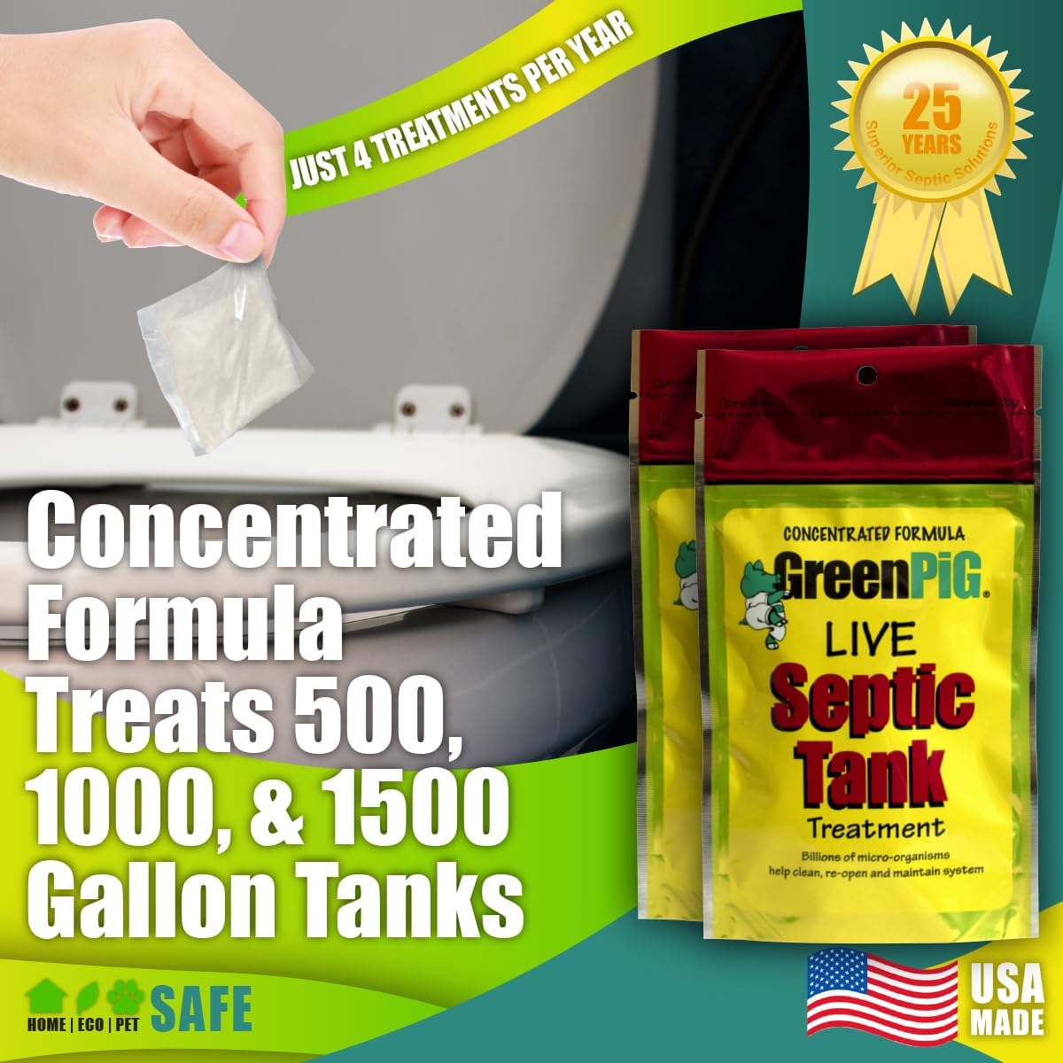 Green Pig 52 Live Septic Tank Treatment Ultimate Solution in Preventing Expensive Backups, Clogs, or Drain Field Failures with 4-Easy Drop-in and Flush, 1-Year Supply- 4 Packets, 4 Count