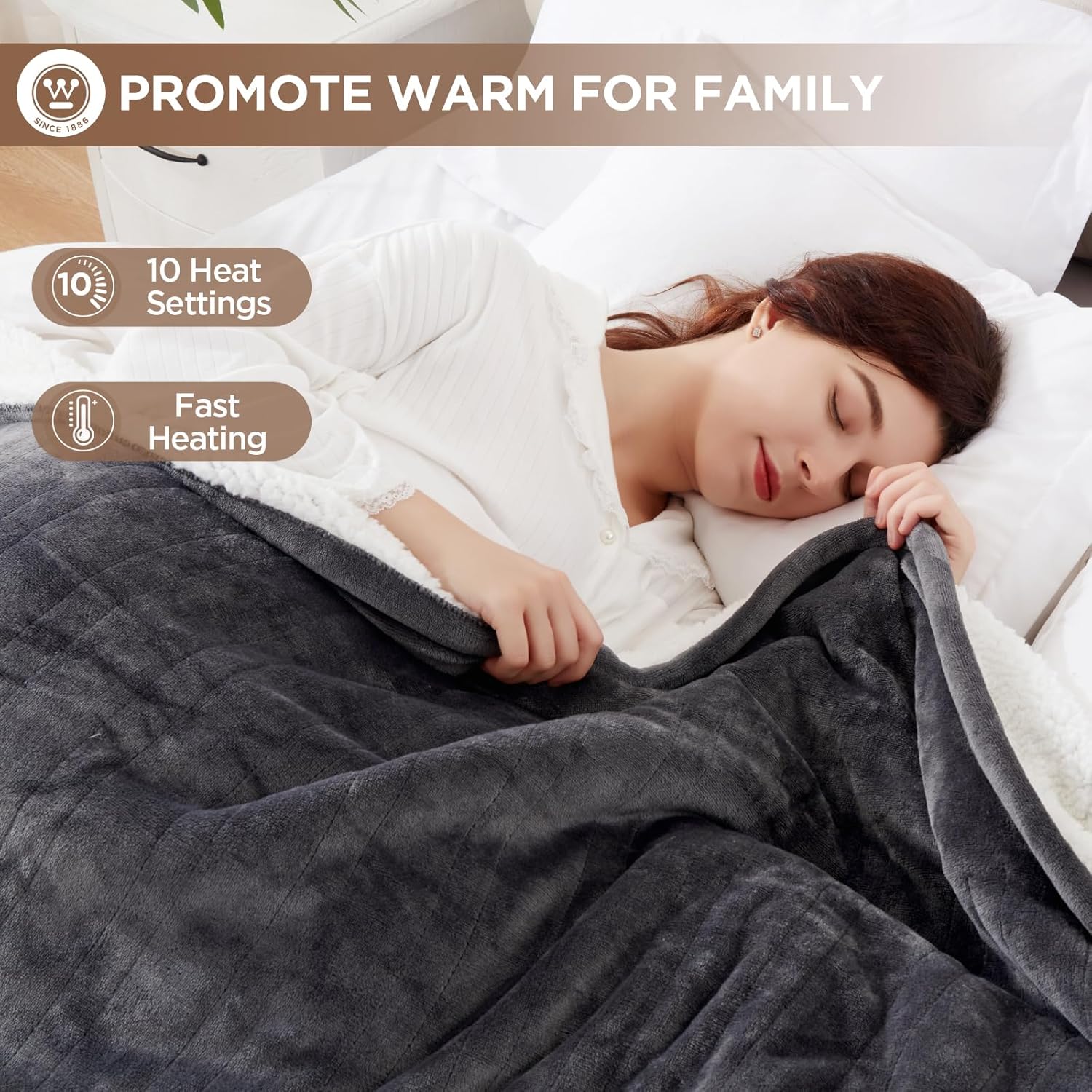 Westinghouse Heated Throw Blanket, Soft Flannel to Sherpa Electric Throw with 6 Heating Levels, 2-10 Hours Time Settings, Fast Heating, Machine Washable 50x60 Inch, Charcoal