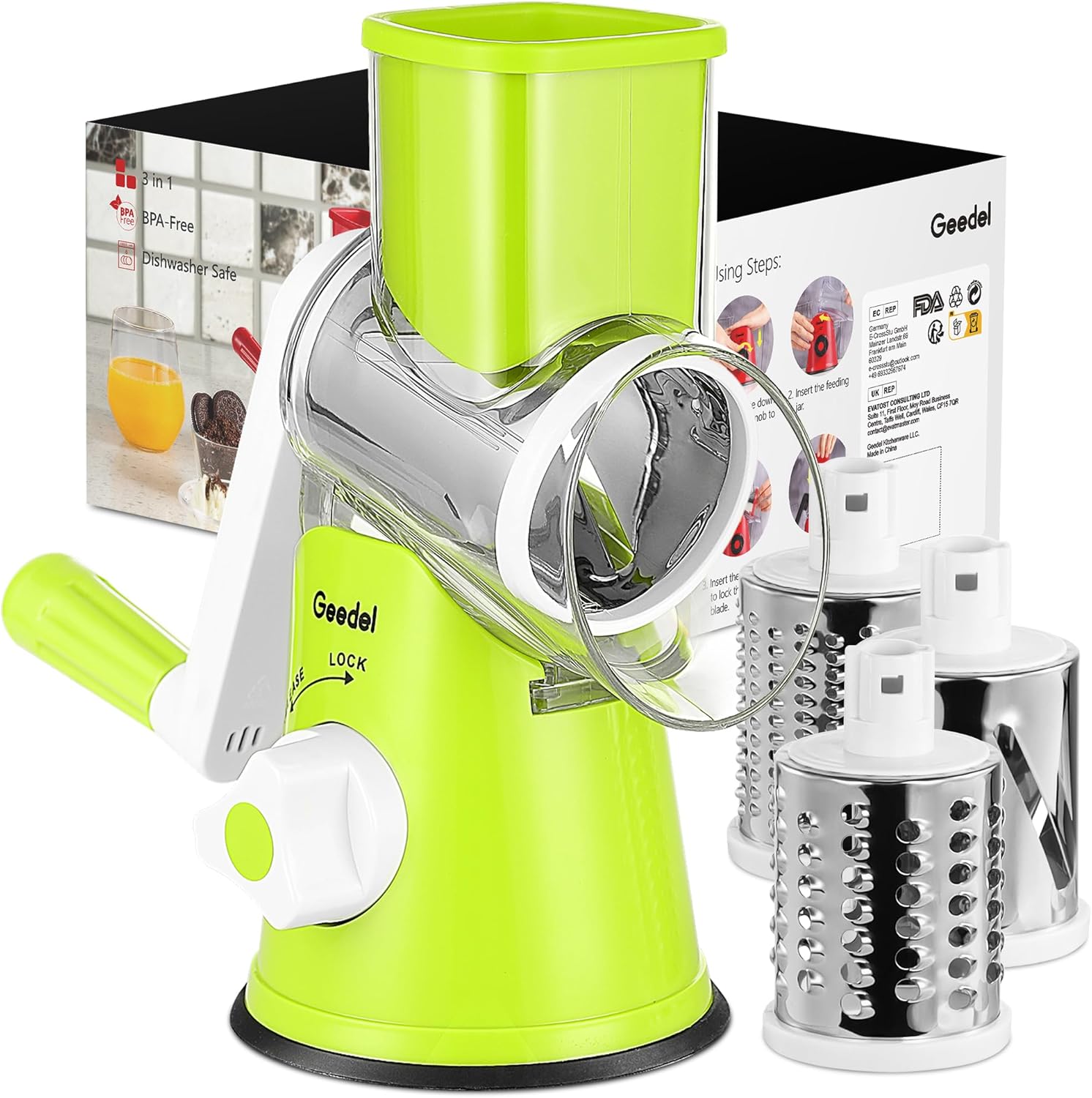 Geedel Rotary Cheese Grater, Kitchen Mandoline Vegetable Slicer with 3 Interchangeable Blades, Easy to Clean Grater for Fruit, Vegetables, Nuts