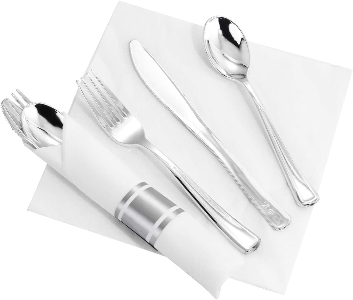 Supernal 60 Pack Pre Rolled Napkins with Gold Plastic Silverware, Premium Disposable Gold Wrapped Cutlery Set Includes: 60 Forks 60 Knives 60 Spoons 60 Napkin for Party