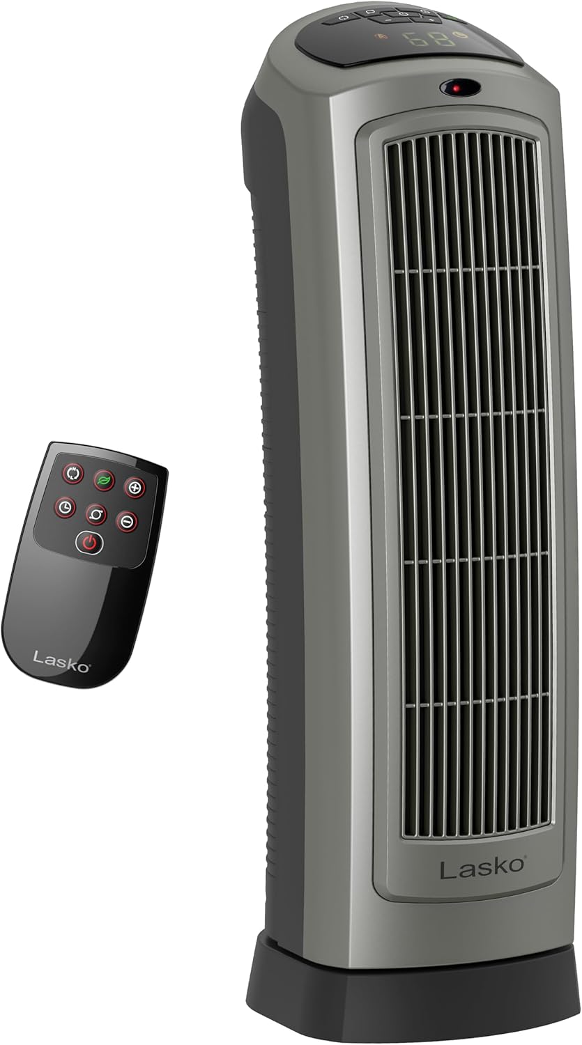 Lasko Oscillating Digital Ceramic Tower Heater for Large Rooms, with Adjustable Thermostat, Timer and Remote Control, 29 Inches, 1500W, Black, 5586