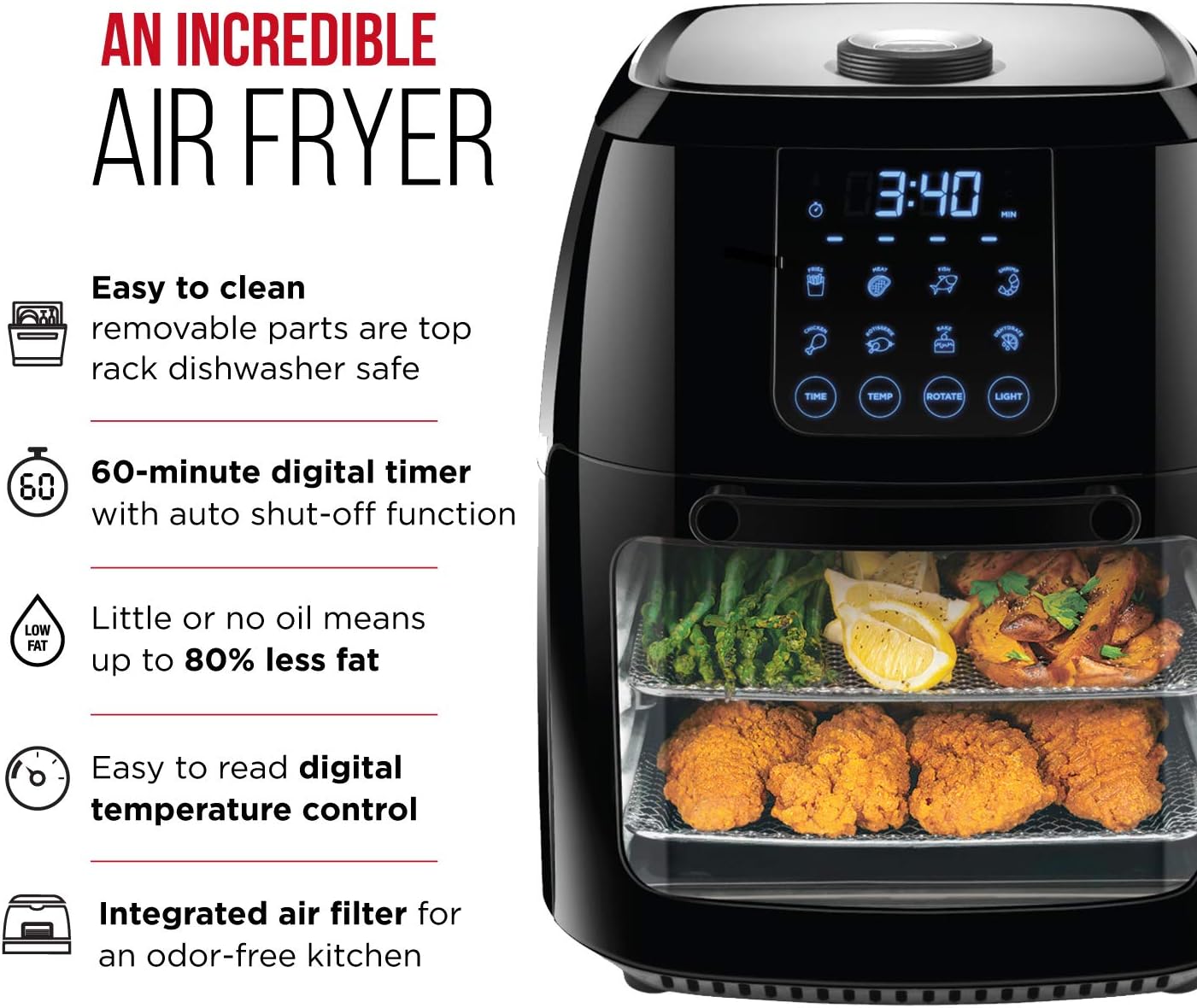 CHEFMAN Multifunctional Digital Air Fryer+ Rotisserie, Dehydrator, Convection Oven, 17 Touch Screen Presets Fry, Roast, Dehydrate, Bake, XL 10L Family Size, Auto Shutoff, Large Easy-View Window, Black