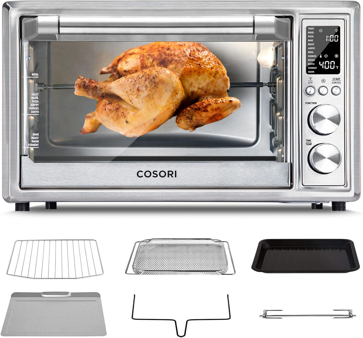 COSORI Smart 11-in-1 Air Fryer Toaster Oven Combo, Airfryer Convection Oven Countertop, Bake, Roast, Reheat, Broil, Dehydrate, 94 Recipes & 3 Accessories, 26QT, Silver, Stainless Steel