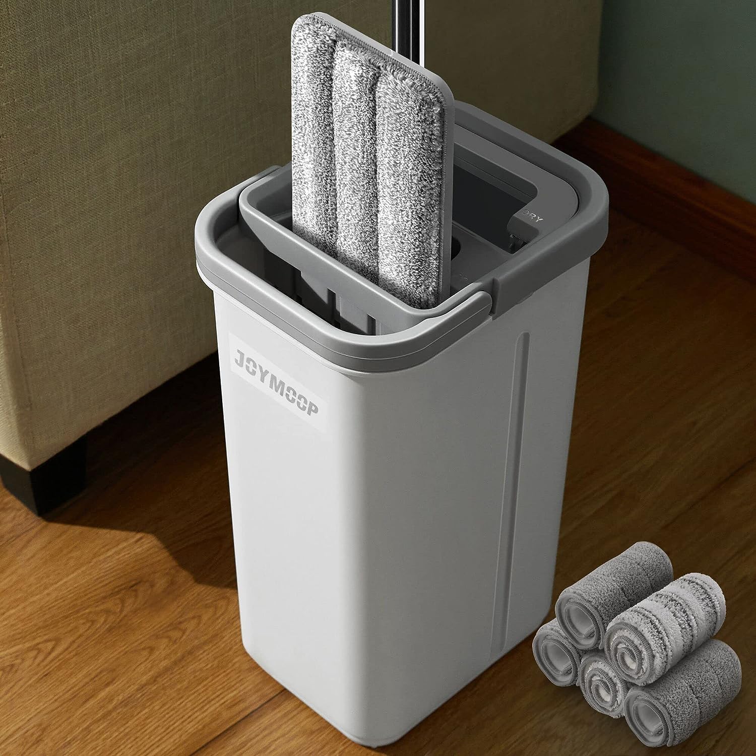 JOYMOOP mop and bucket with Wringer Set, Flat ,for floor cleaning with 3 Microfiber Pads, Wet and Dry Use, Household cleaning Tools, for Hardwood, Laminate, Tile