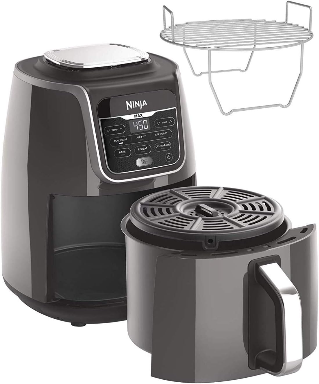 Ninja Air Fryer, Roast, Bake, Air Fry, Roast, Broil, Reheats, & Dehydrates, 4-in-1, Fries, Frozen Food, Veggies, and Juicy Meat, Less Oil, Easy Meals, Healthy Meals, Compact, 4 QT, Grey, AF101