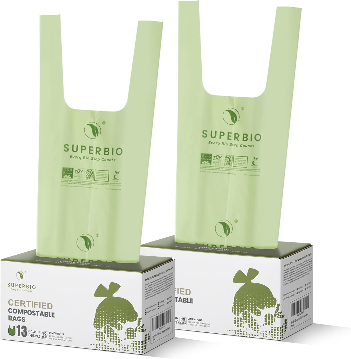 SUPERBIO 1.6 Gallon Handle Tie Compostable Food Scrap Bags For Counter Top Compost Bin, Small Compost Bags, 50 Count, 6 Liter, BPI & OK compost INDUSTRIAL Certified