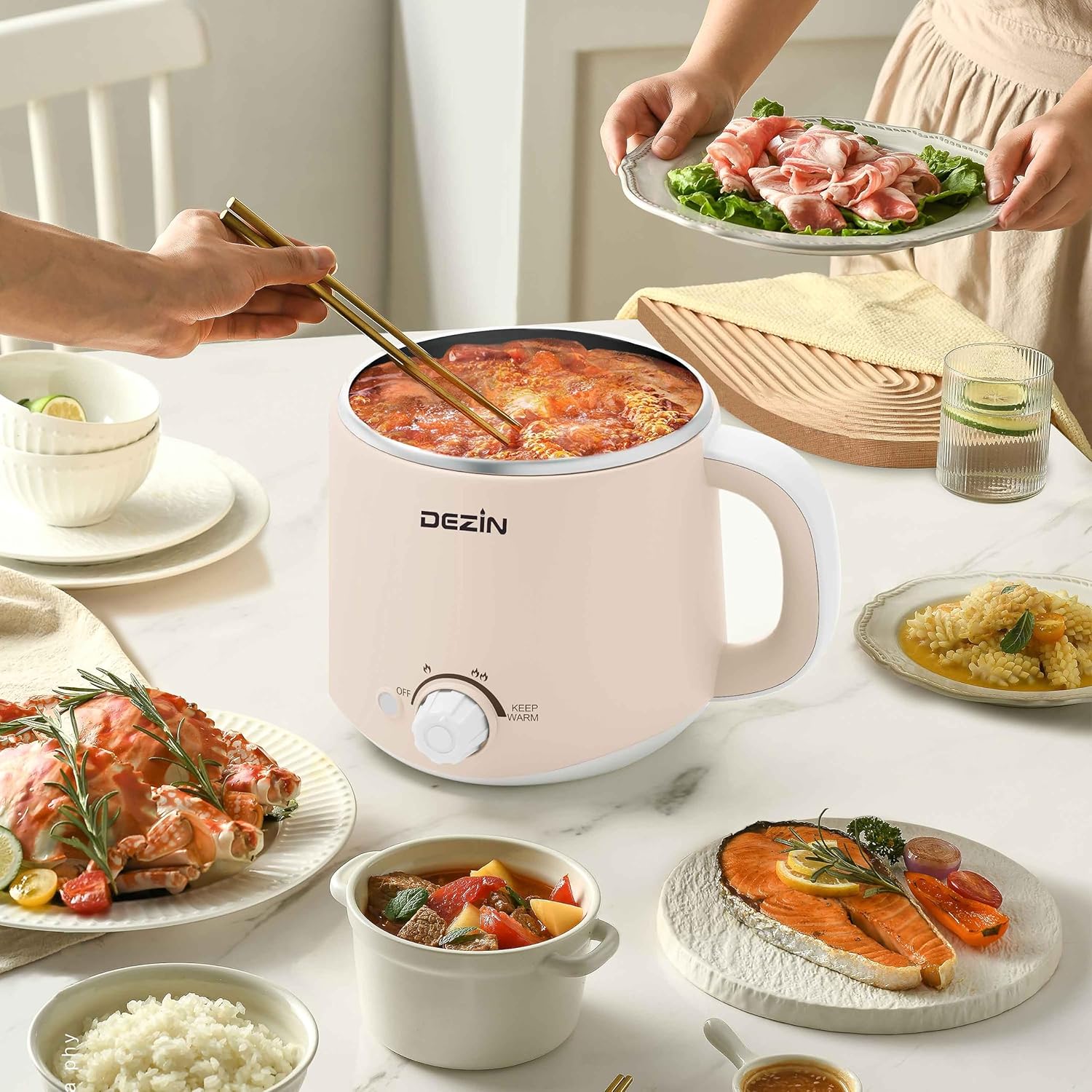 Dezin Electric Pot, 1.6L Ramen Cooker, Hot Pot Electric Stainless Steel, Multifunctional Electric Cooker for Egg, Pasta, Soup, Porridge, Oatmeal with Temperature Control and Keep Warm Function