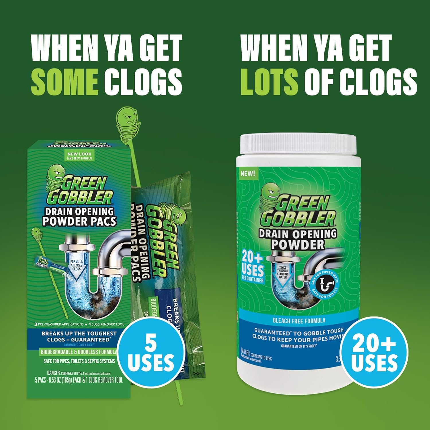 Green Gobbler Drain Clog Remover & Drain Cleaner Powder | 20+ Treatments | Drain Maintenance Breaks Down Grease, Paper, Fat & Oil | Septic Safe