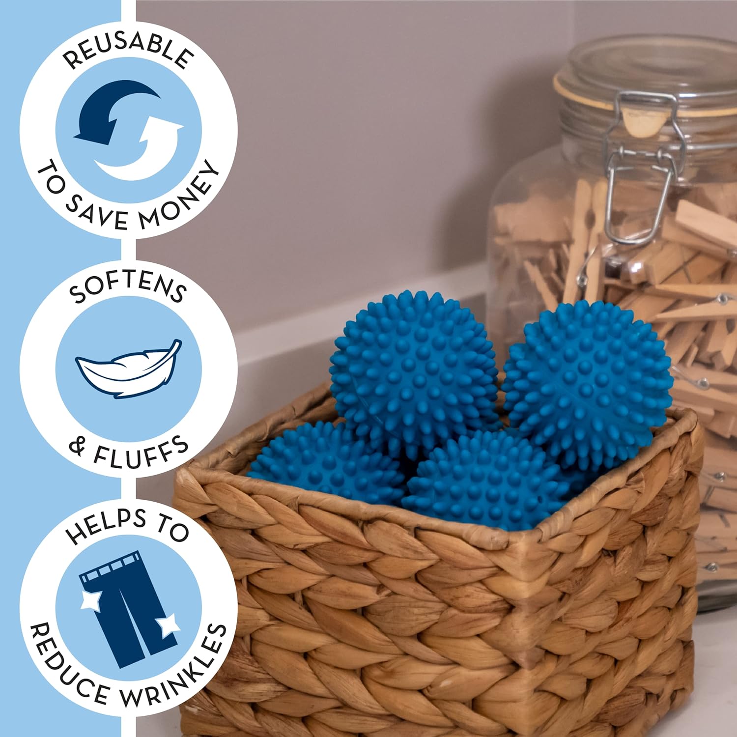 S&T INC. Reusable Dryer Balls, Fabric Softener for Laundry, Blue, 2.5 in, 6 Pack