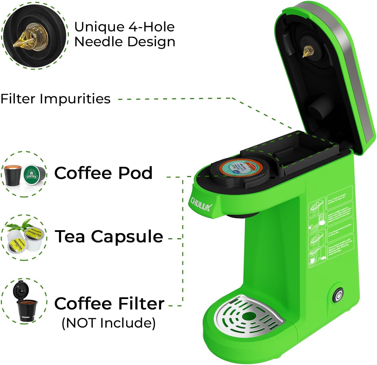 CHULUX Single Serve Coffee Maker for K Capsule and Ground Coffee, Single Cup Coffee Machine, Black