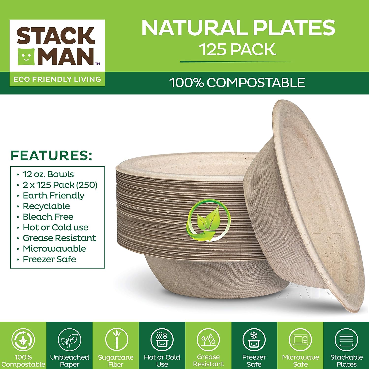 Paper Plates, 100% Compostable Heavy Duty Disposable Plate - [125-Pack] - {PFAS-Free} - {BPI Certified} - [9 Inch] Eco-Friendly, Biodegradable Bagasse Natural Brown 9