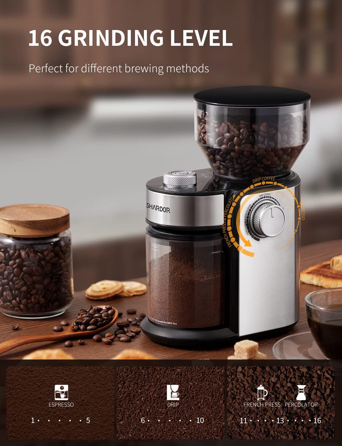SHARDOR Electric Burr Coffee Grinder 2.0, Adjustable Burr Mill with 16 Precise Grind Setting for 2-14 Cup, Black