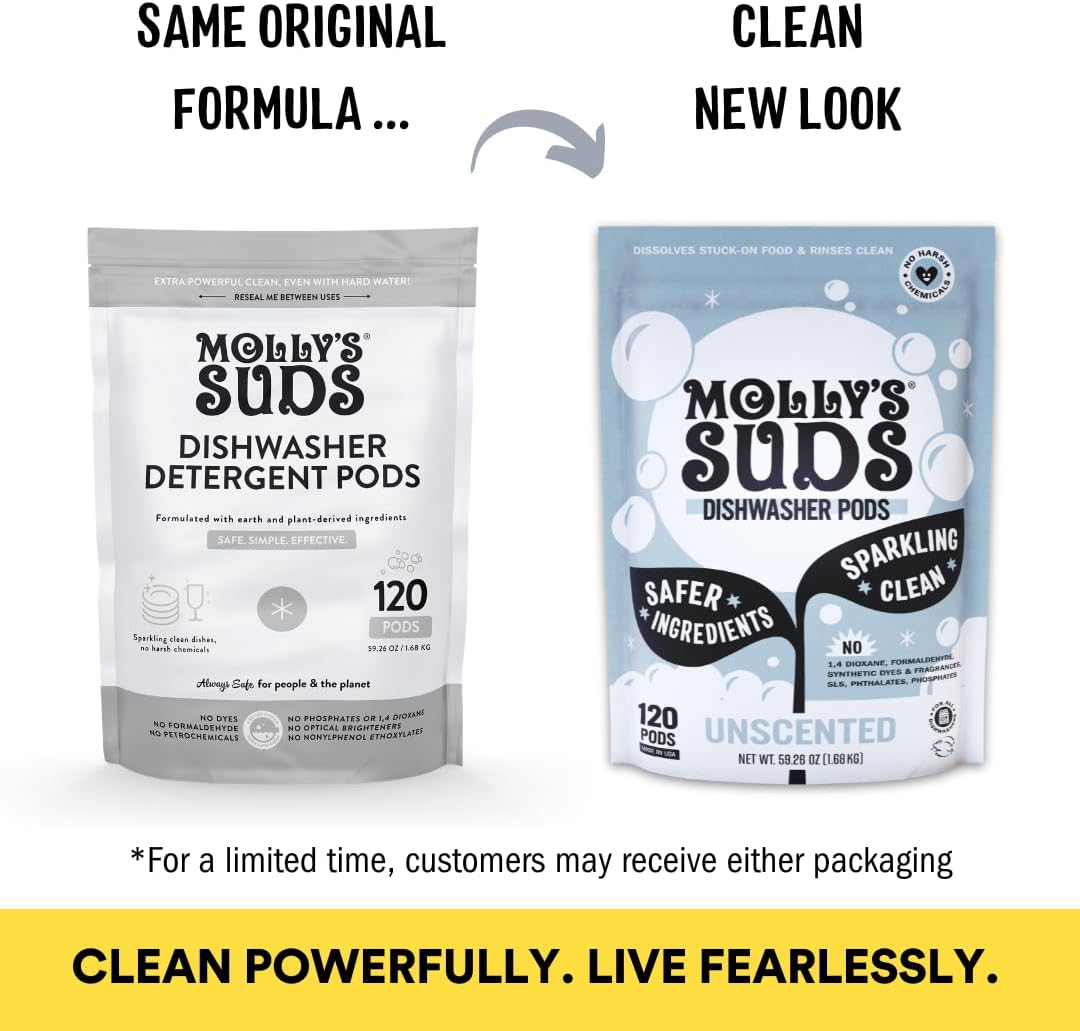 Molly's Suds Dishwasher Pods | Natural Dishwasher Detergent, Cuts Grease & Rinses Clean (Residue-Free) for Sparkling Dishes | 60 Auto-Release Tabs (Unscented)