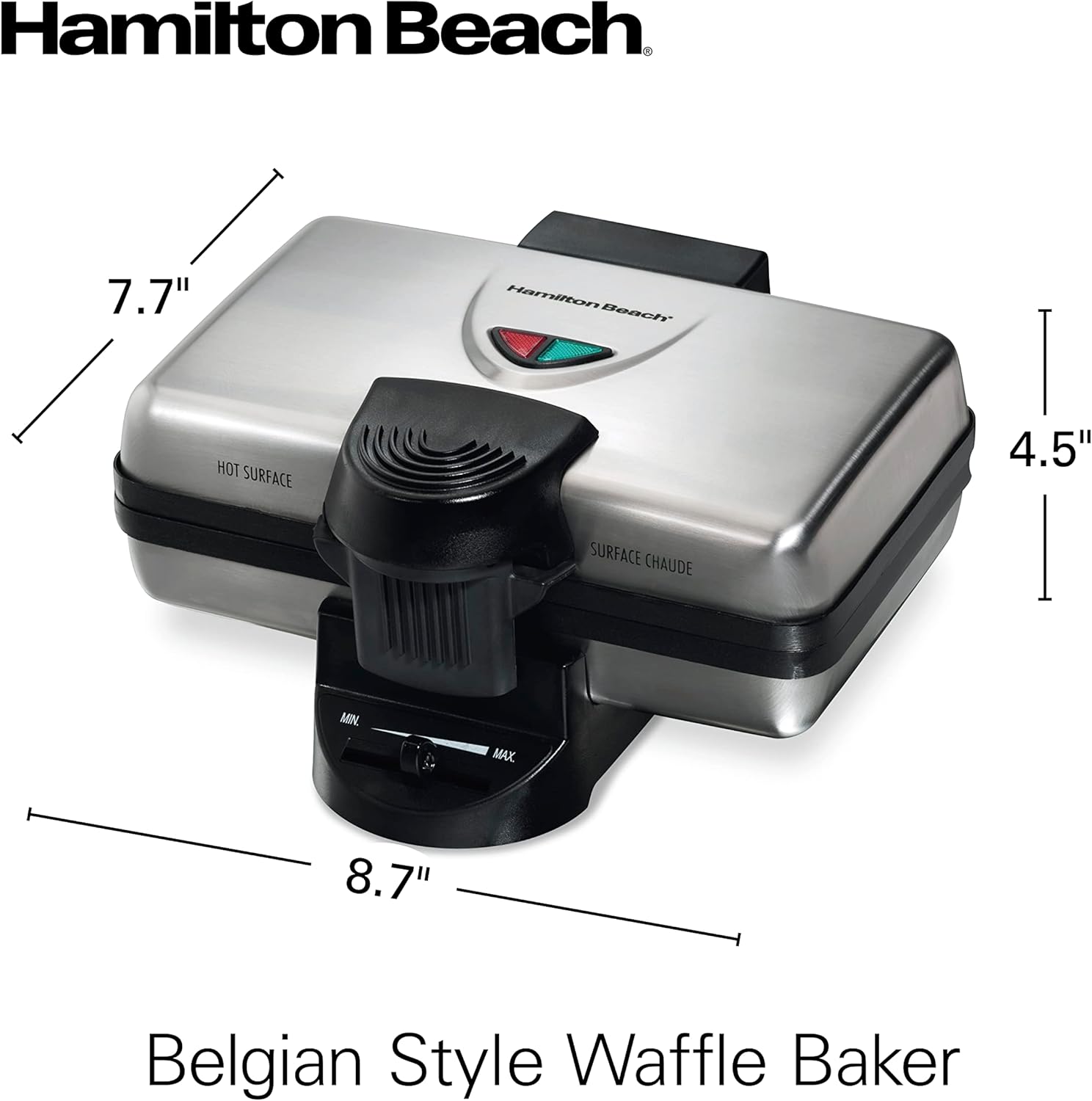 Hamilton Beach Belgian Mini Waffle Maker with Shade Control, Makes 2 at Once, Create Personalized Keto Chaffles and Hash Browns, Non-Stick Plates, Compact Design, Stainless Steel