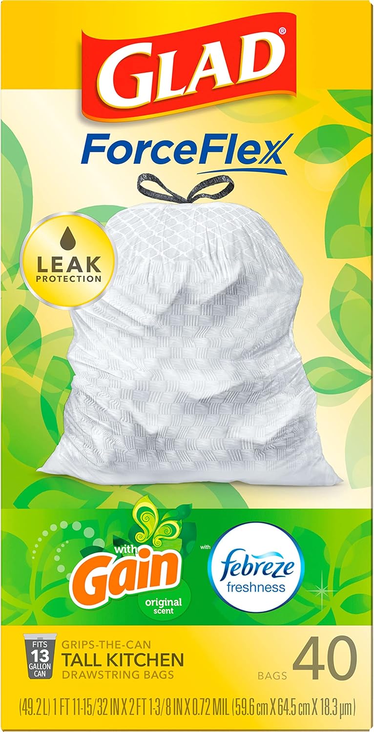 Glad ForceFlex Tall Kitchen Trash Bags, 13 Gal, Gain Original with Febreze, 110 Ct (Pack May Vary)